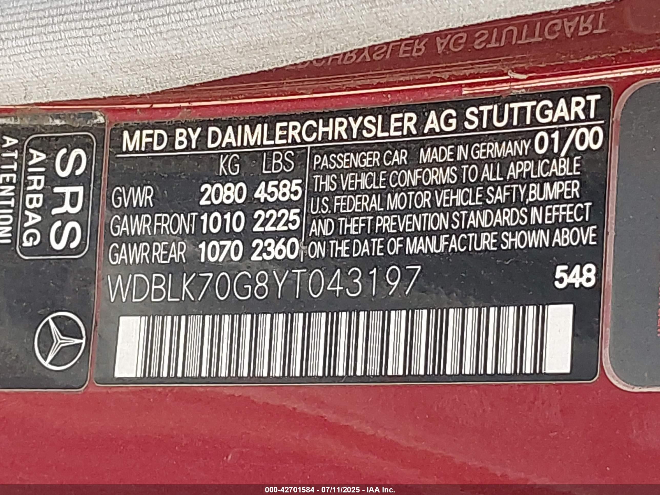 2000 Mercedes-benz Clk 430   Red vin: WDBLK70G8YT043197