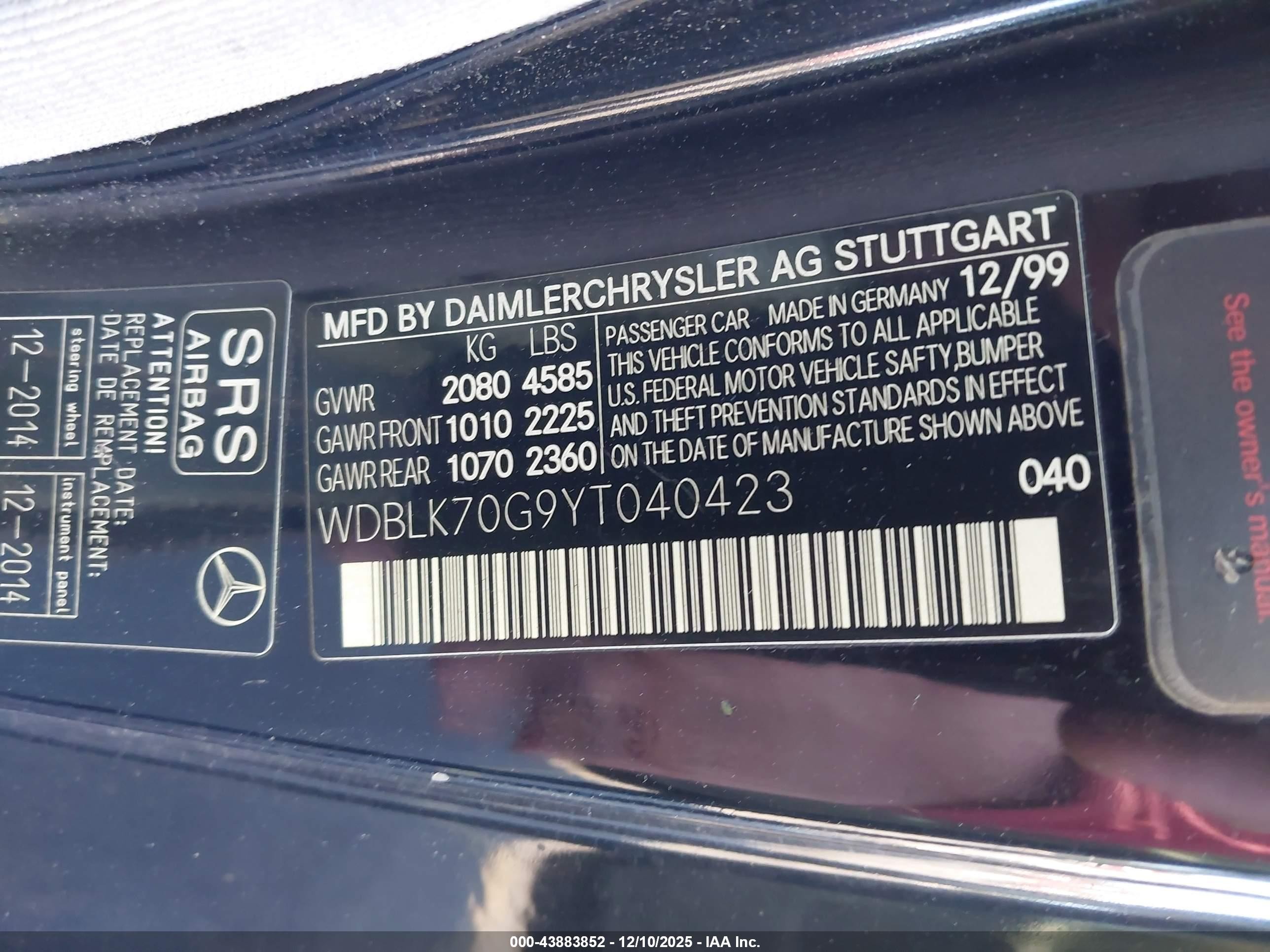 2000 Mercedes-benz Clk 430   Black vin: WDBLK70G9YT040423
