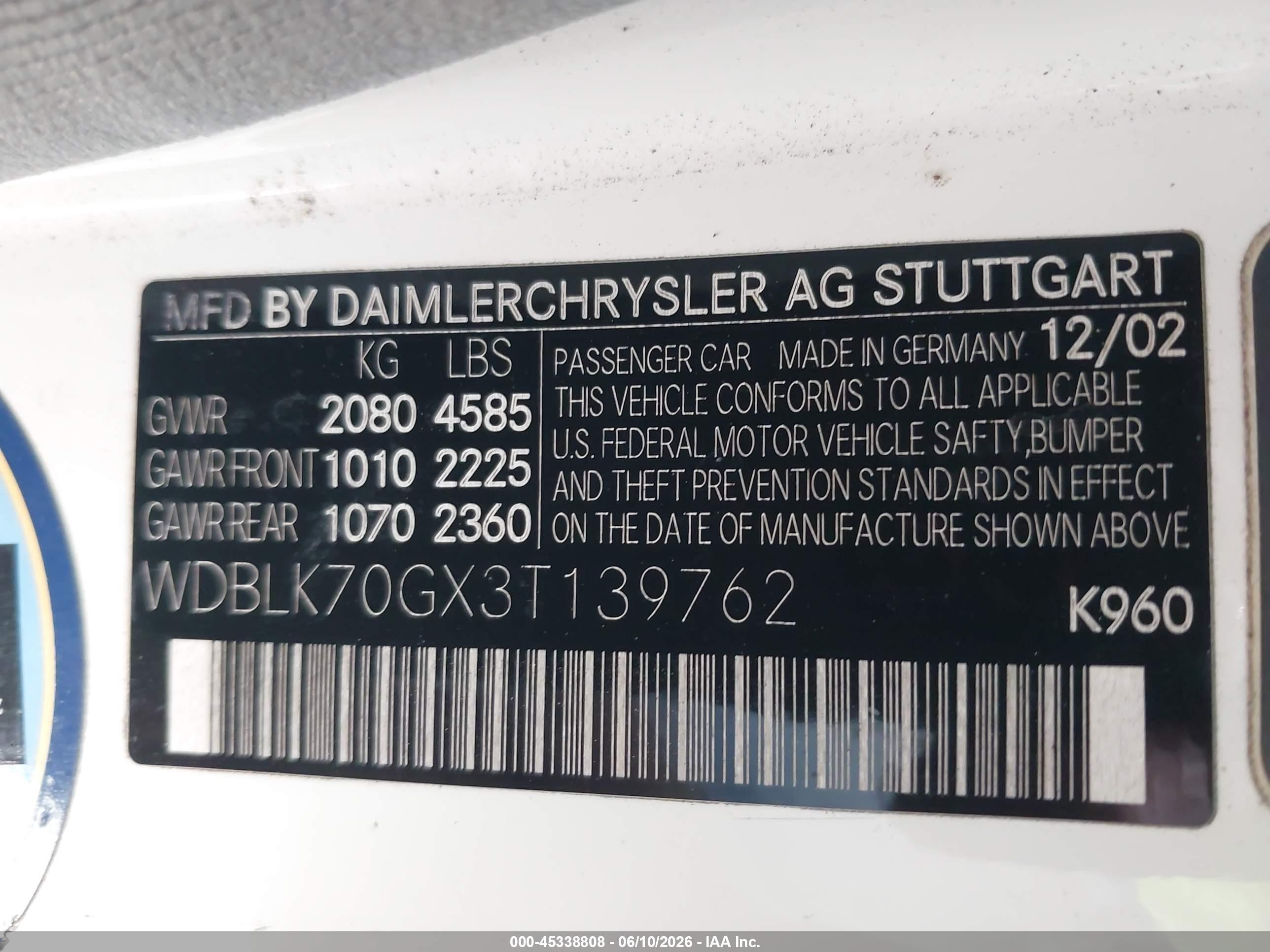 2003 Mercedes-benz Clk 430   Белый vin: WDBLK70GX3T139762