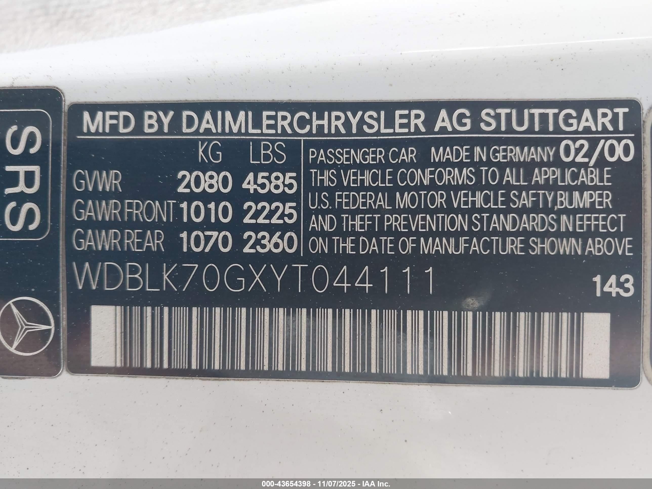 2000 Mercedes-benz Clk 430 White vin: WDBLK70GXYT044111