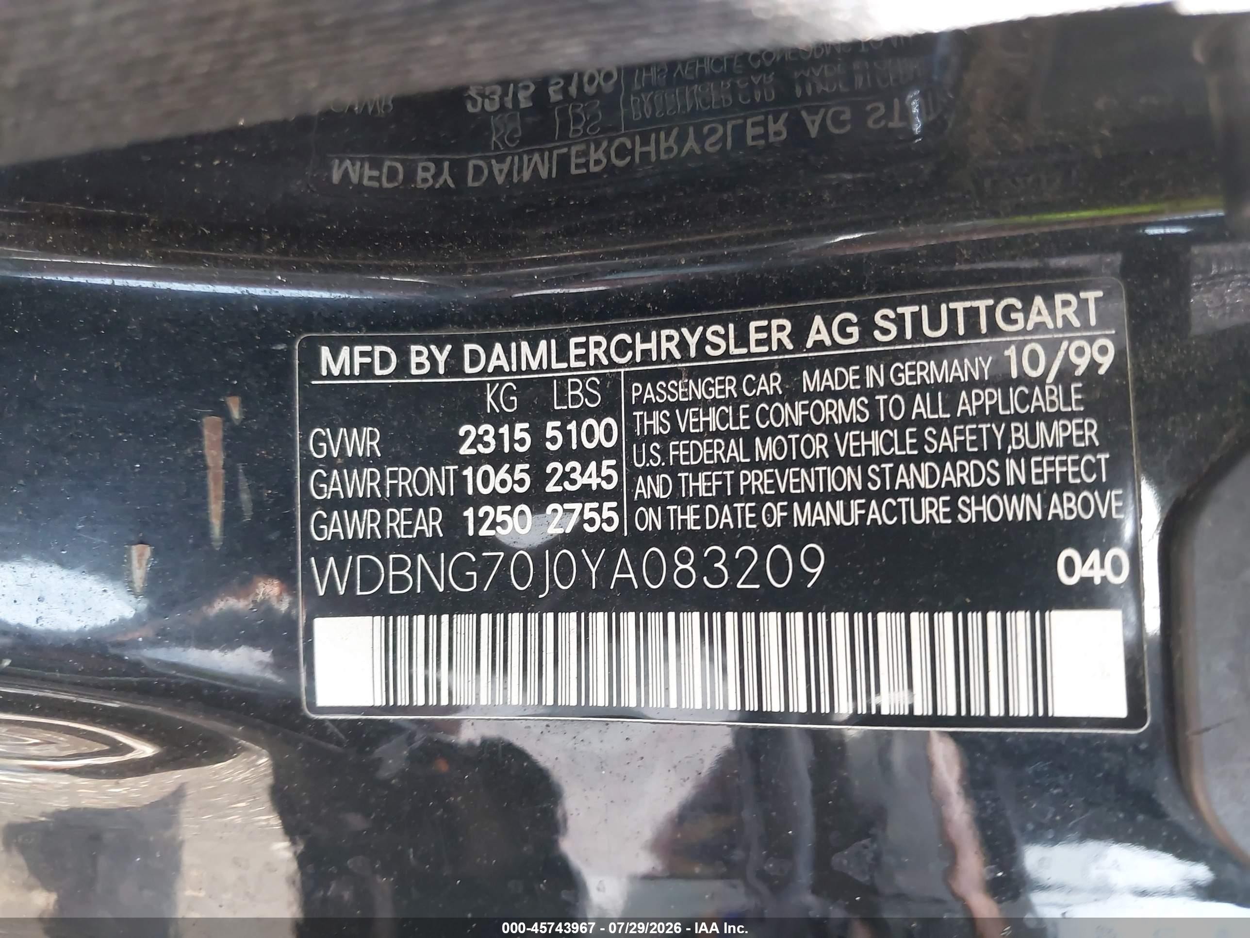 2000 Mercedes-benz S 430   Black vin: WDBNG70J0YA083209