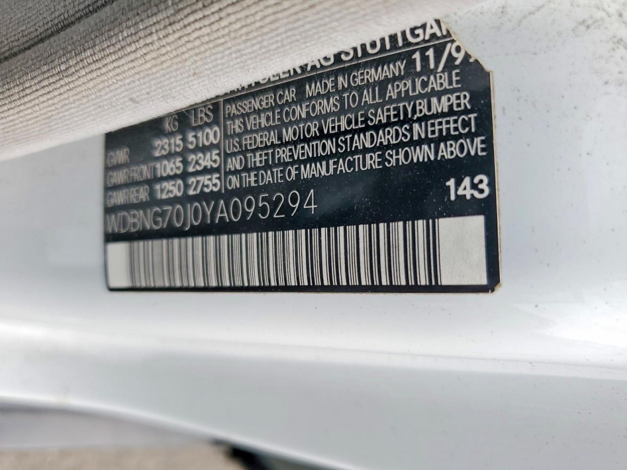2000 Mercedes-benz S 430 White vin: WDBNG70J0YA095294