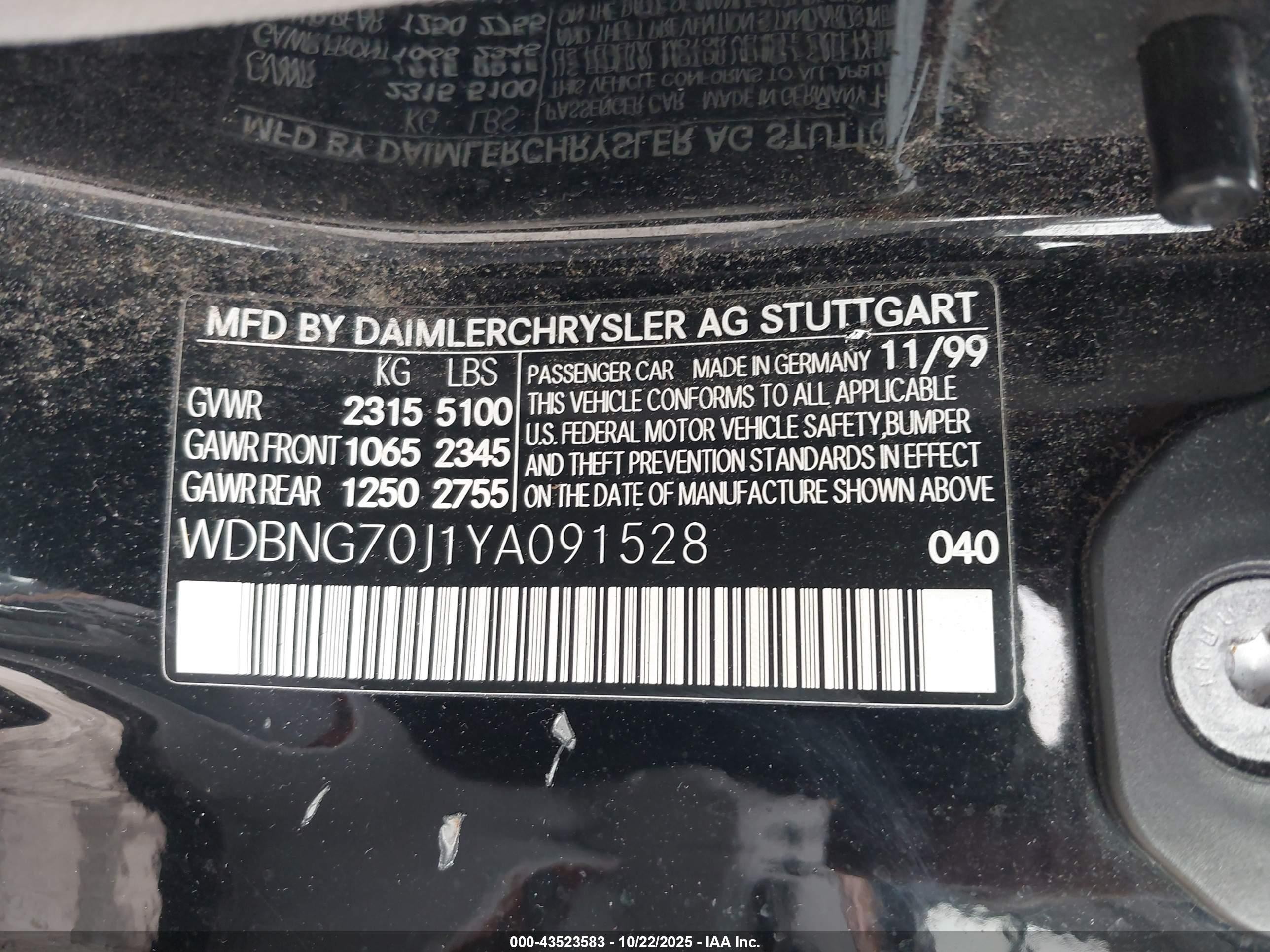 2000 Mercedes-benz S 430   Black vin: WDBNG70J1YA091528