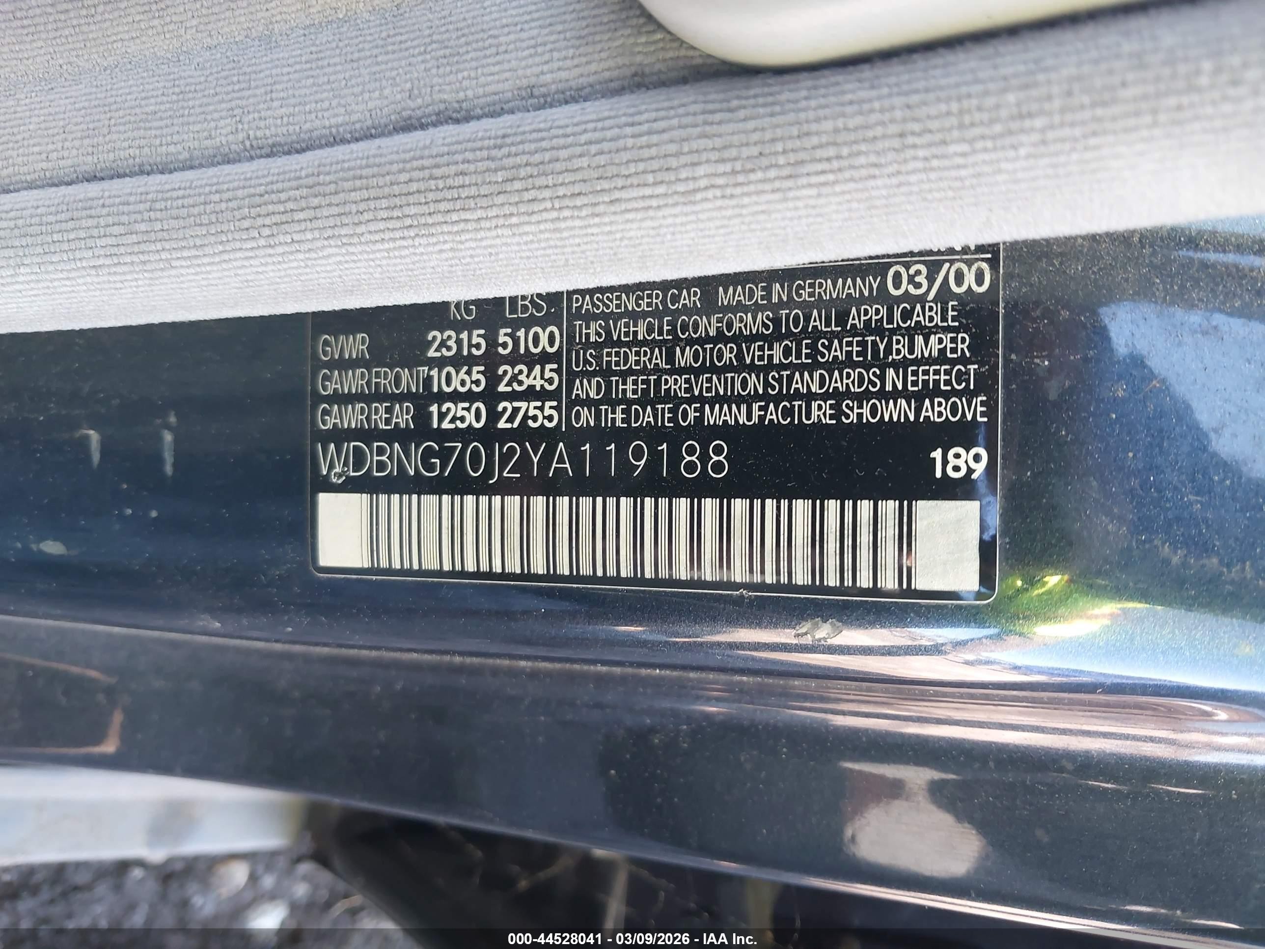 2000 Mercedes-benz S 430   Черный vin: WDBNG70J2YA119188