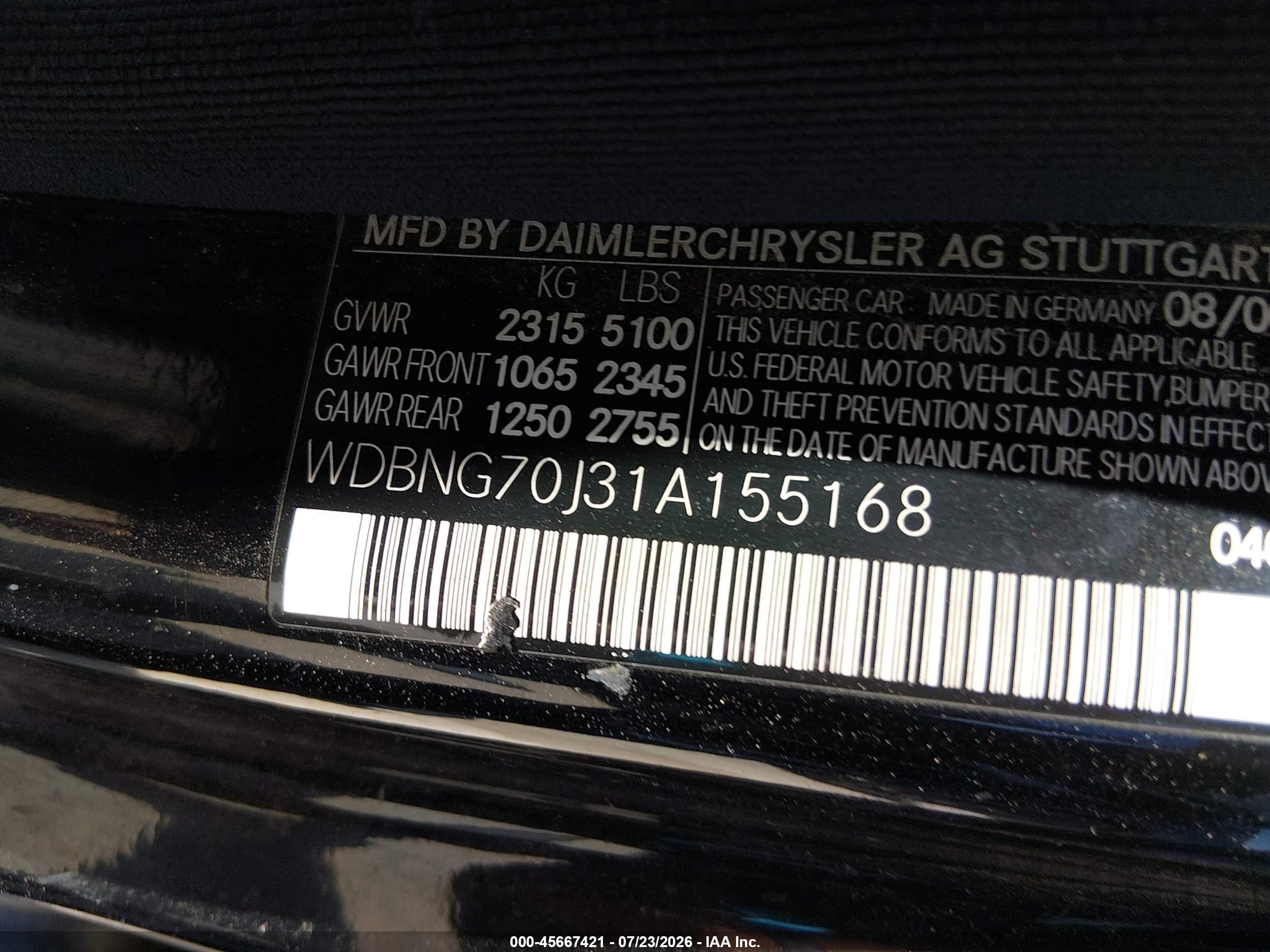 2001 Mercedes-benz S 430   Black vin: WDBNG70J31A155168