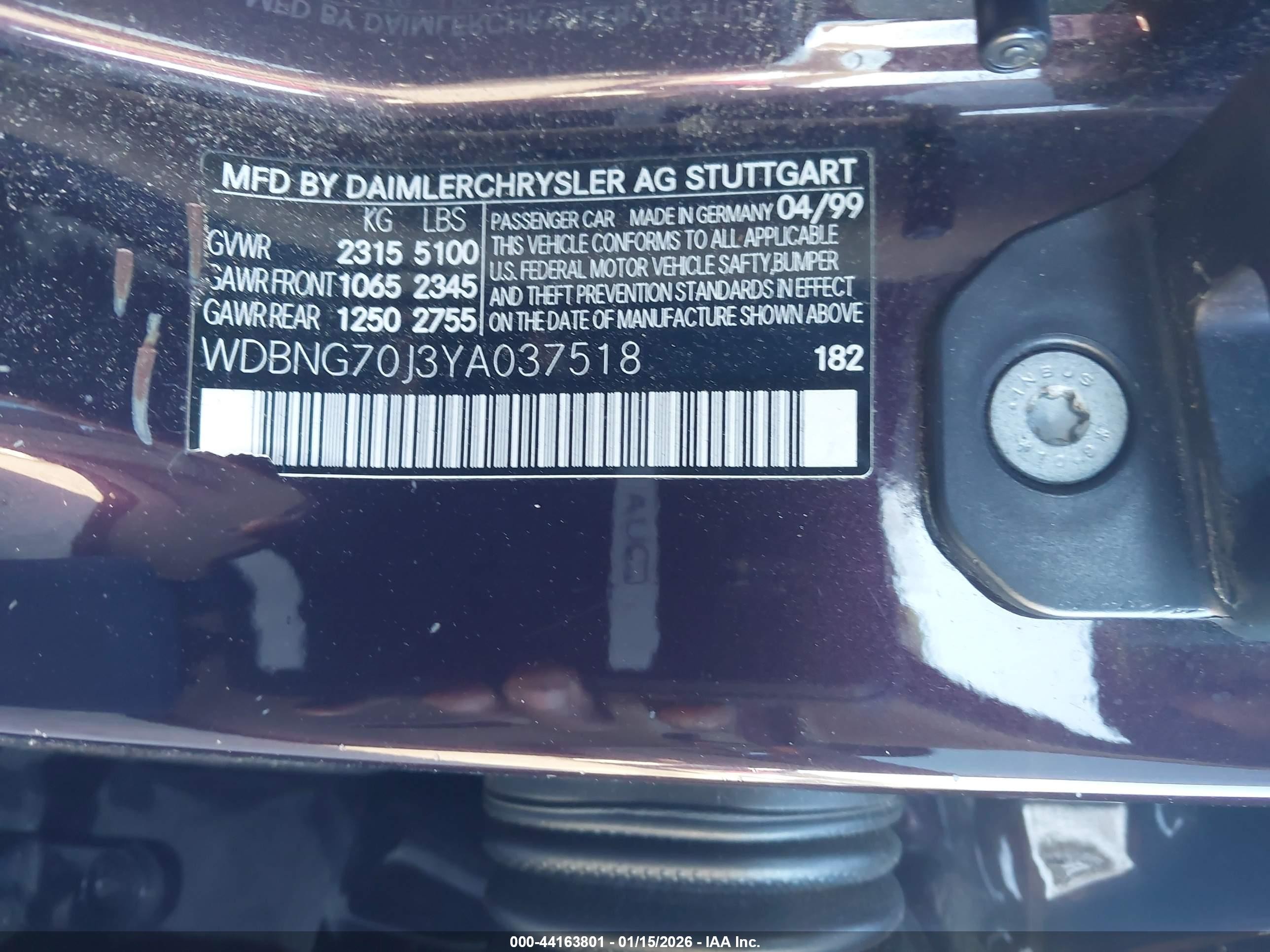 2000 Mercedes-benz S 430   Purple vin: WDBNG70J3YA037518