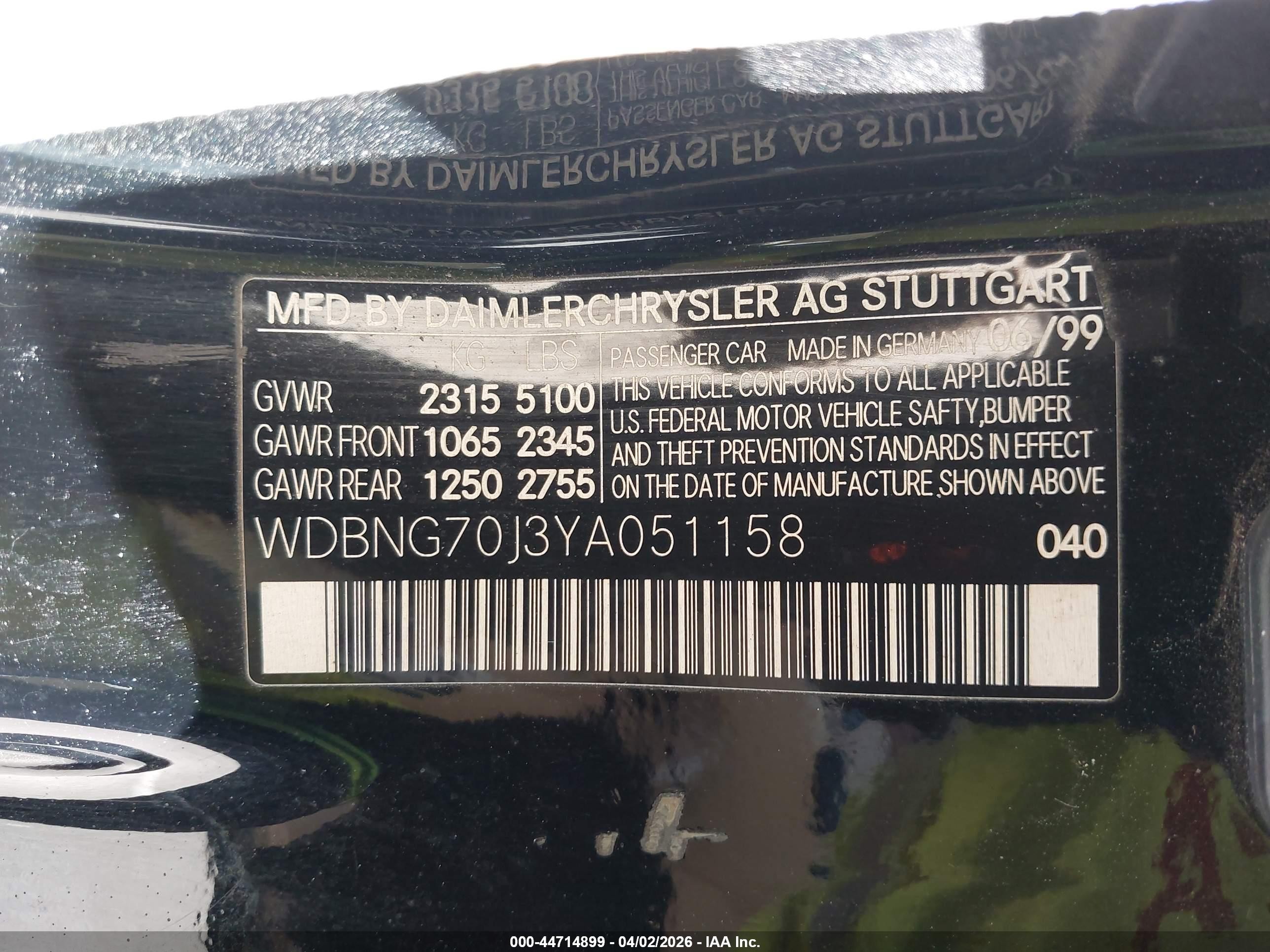 2000 Mercedes-benz S 430   Black vin: WDBNG70J3YA051158
