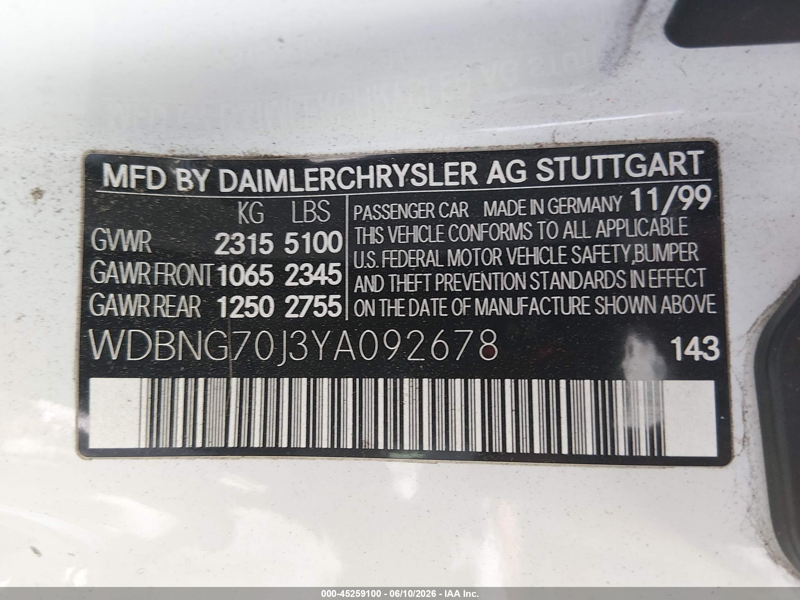 2000 Mercedes-benz S 430   Белый vin: WDBNG70J3YA092678