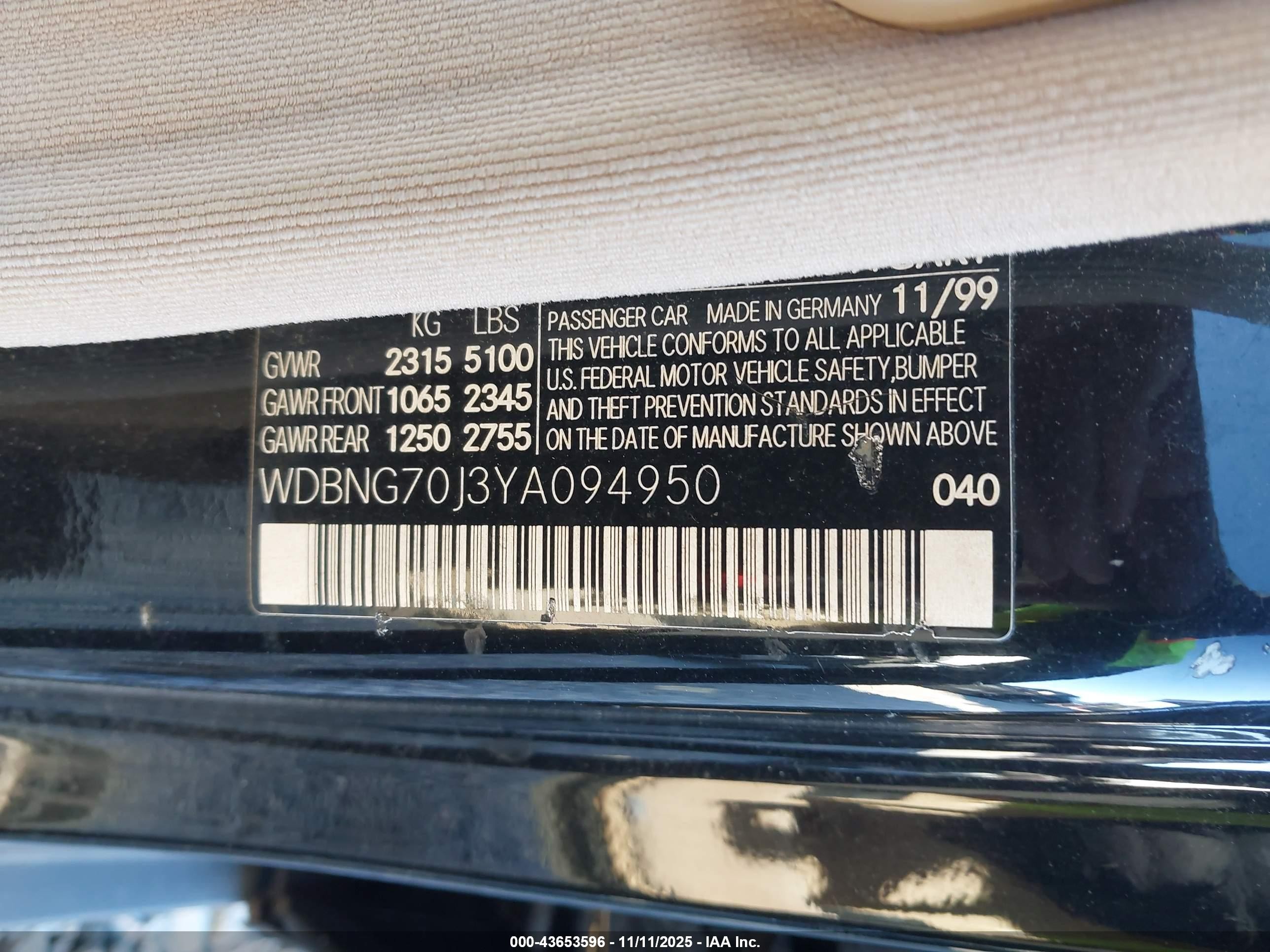 2000 Mercedes-benz S 430   Черный vin: WDBNG70J3YA094950