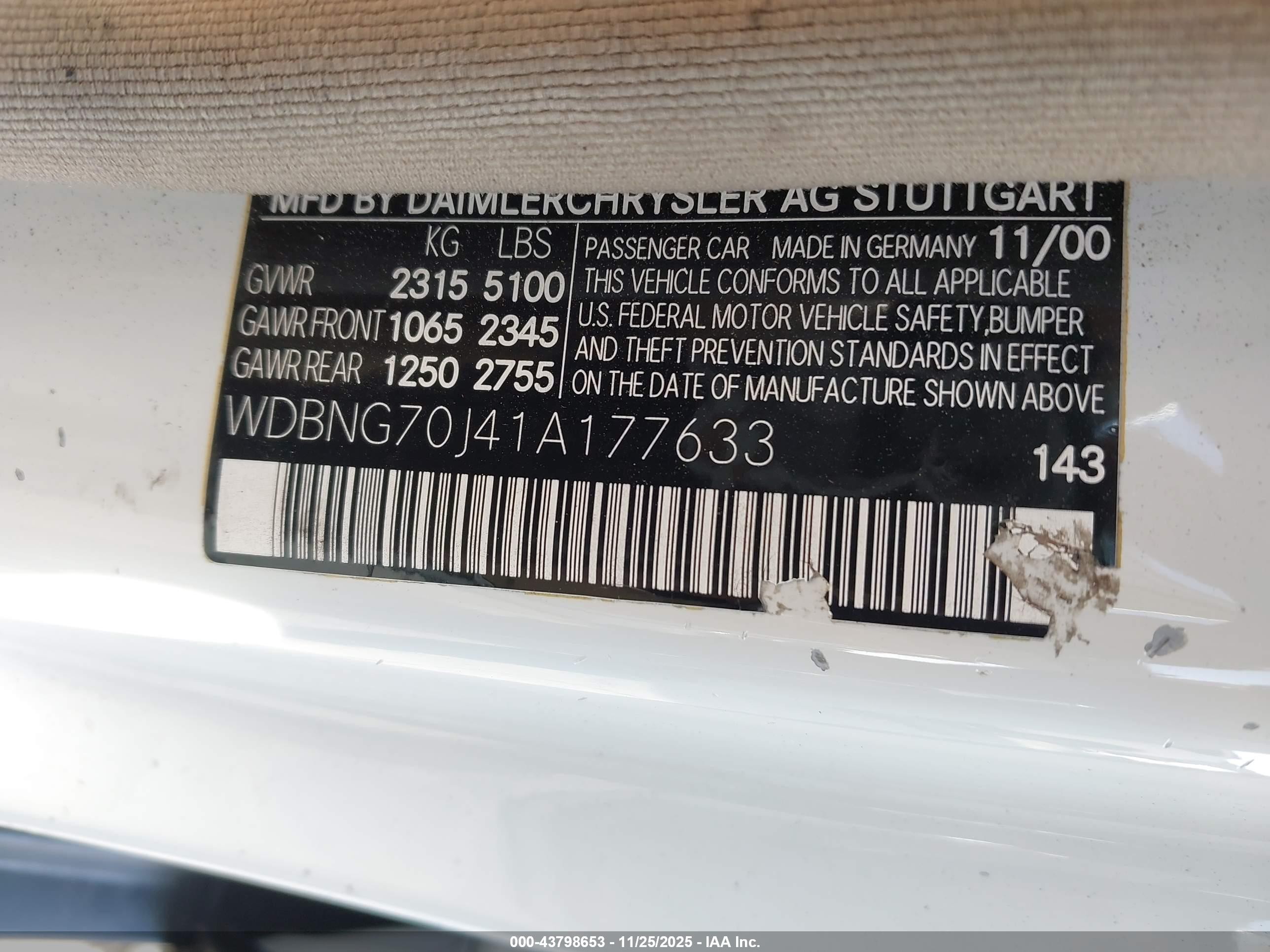2001 Mercedes-benz S 430   Белый vin: WDBNG70J41A177633