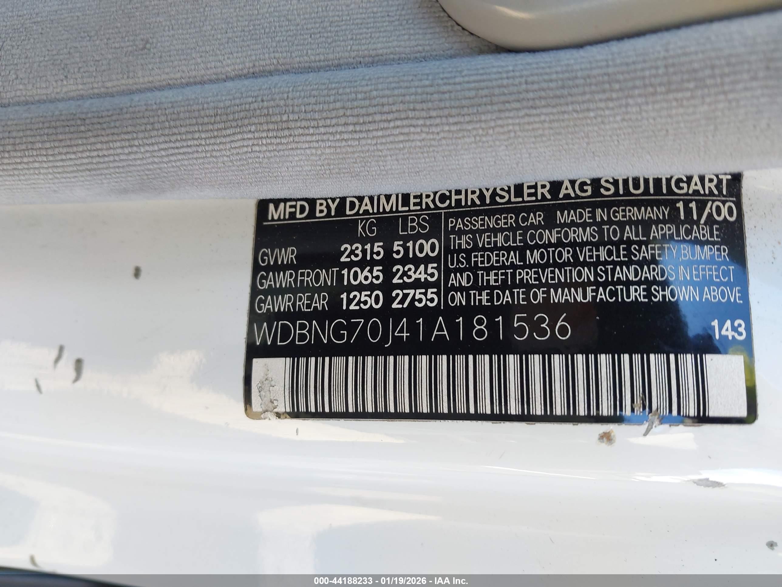 2001 Mercedes-benz S 430   Белый vin: WDBNG70J41A181536