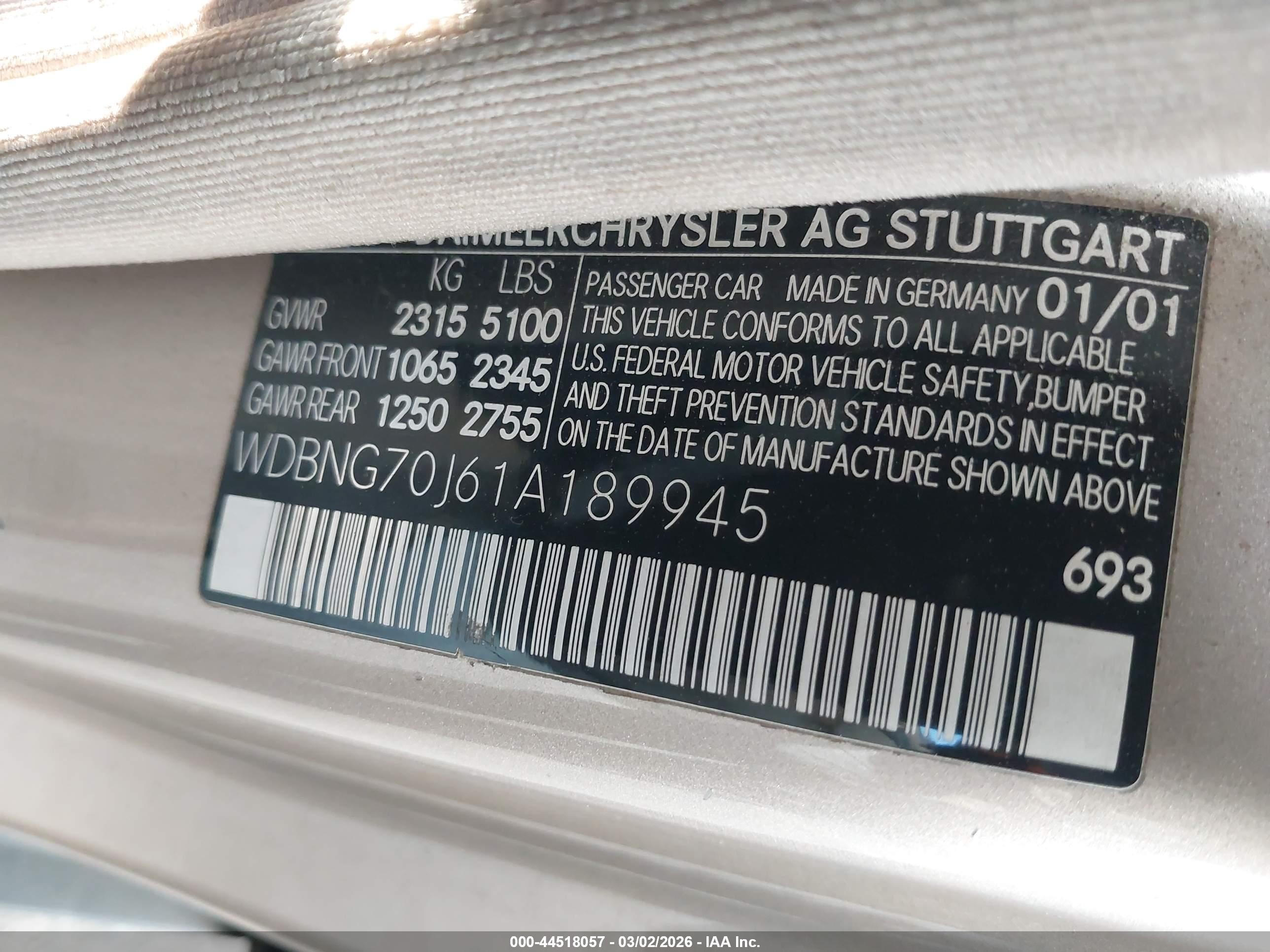 2001 Mercedes-benz S 430   Champagne vin: WDBNG70J61A189945