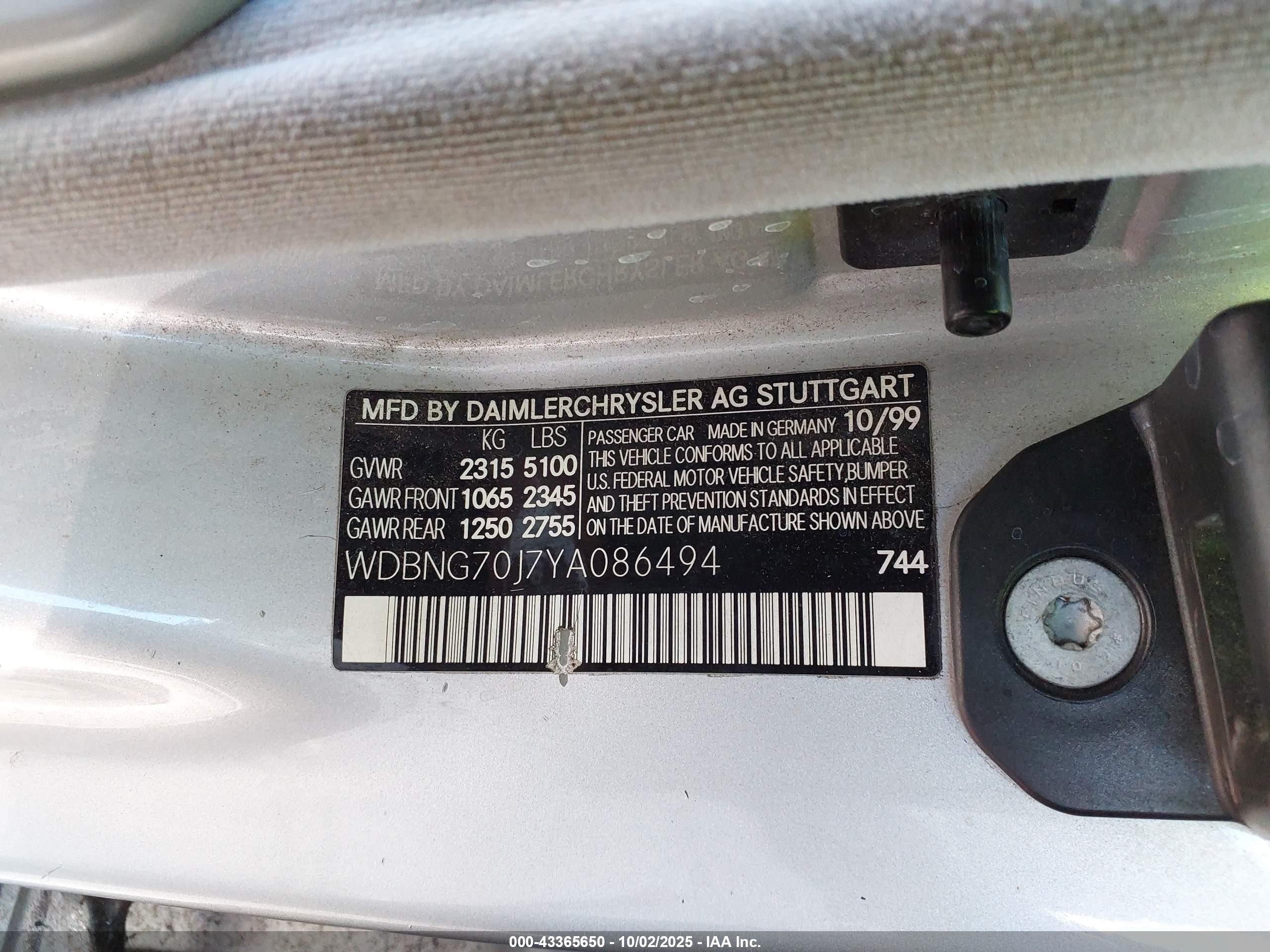 2000 Mercedes-benz S 430   Silver vin: WDBNG70J7YA086494