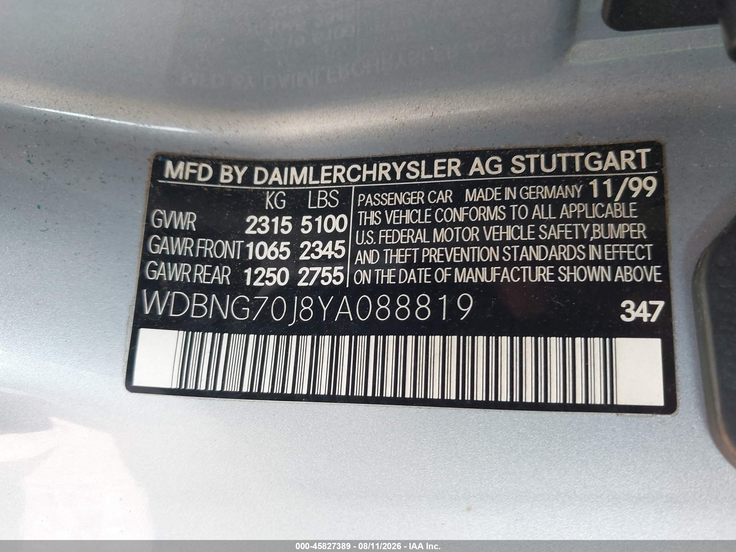 2000 Mercedes-benz S 430   Blue vin: WDBNG70J8YA088819