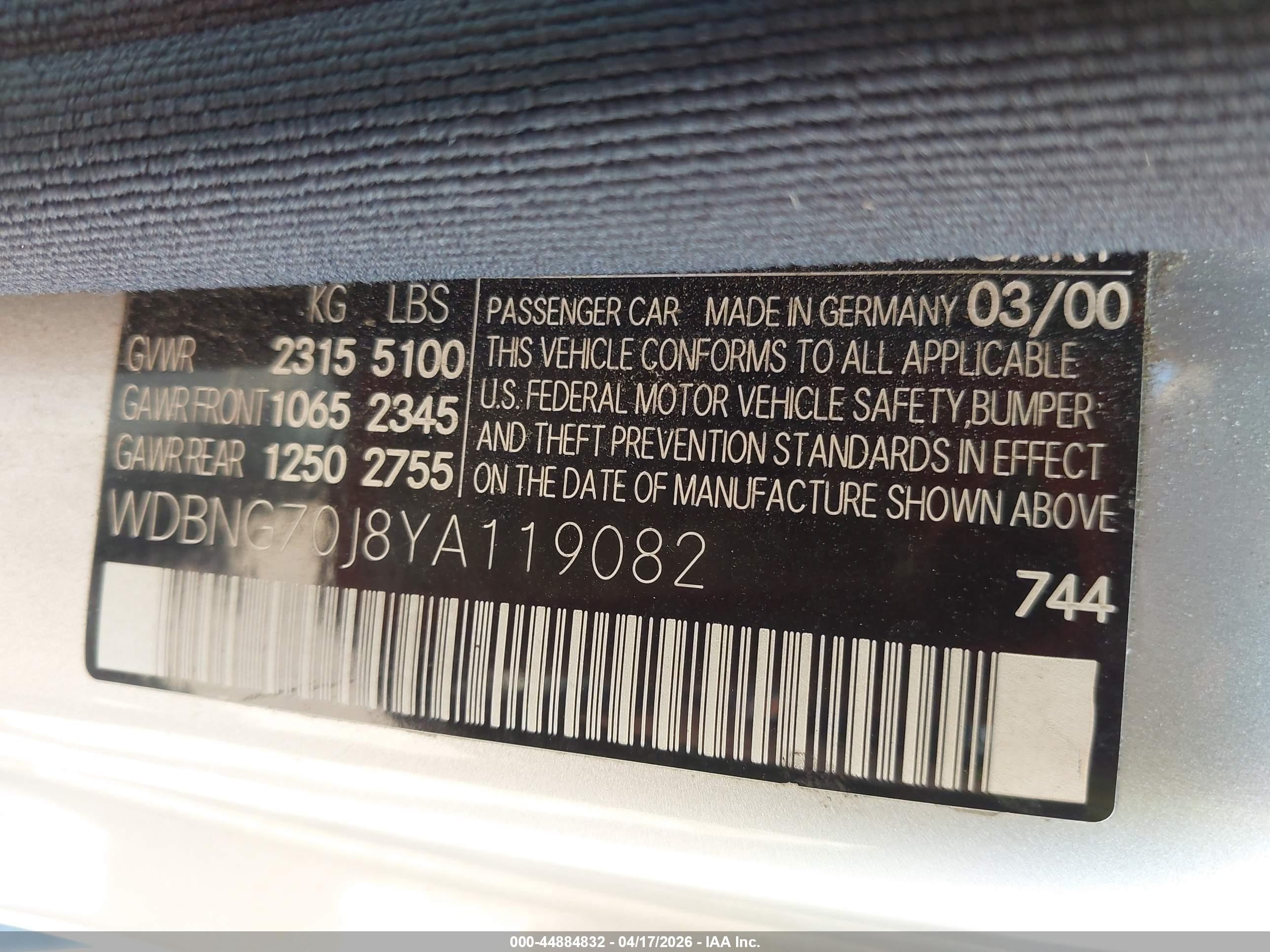 2000 Mercedes-benz S 430   Silver vin: WDBNG70J8YA119082