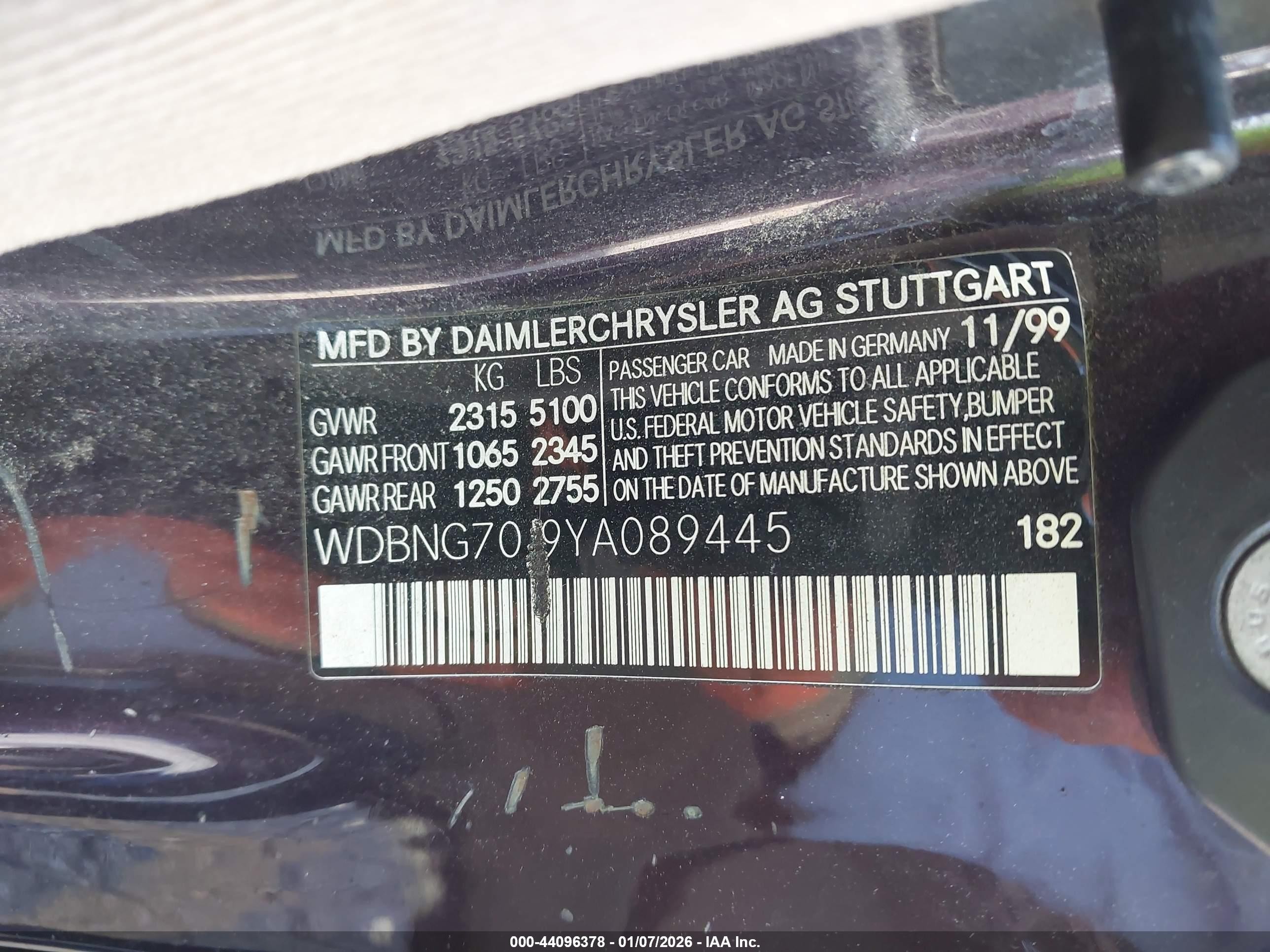 2000 Mercedes-benz S 430   Purple vin: WDBNG70J9YA089445