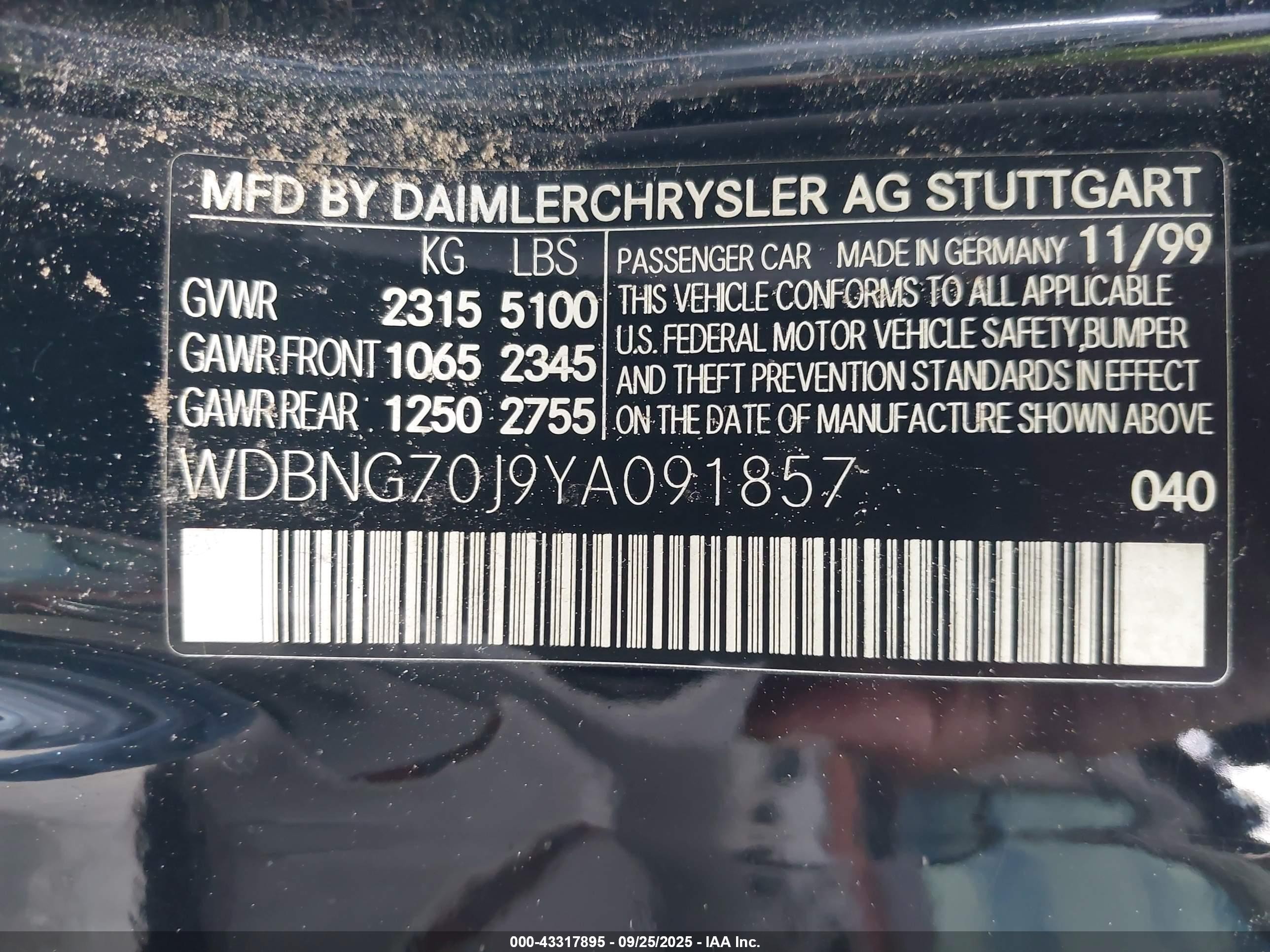 2000 Mercedes-benz S 430   Black vin: WDBNG70J9YA091857