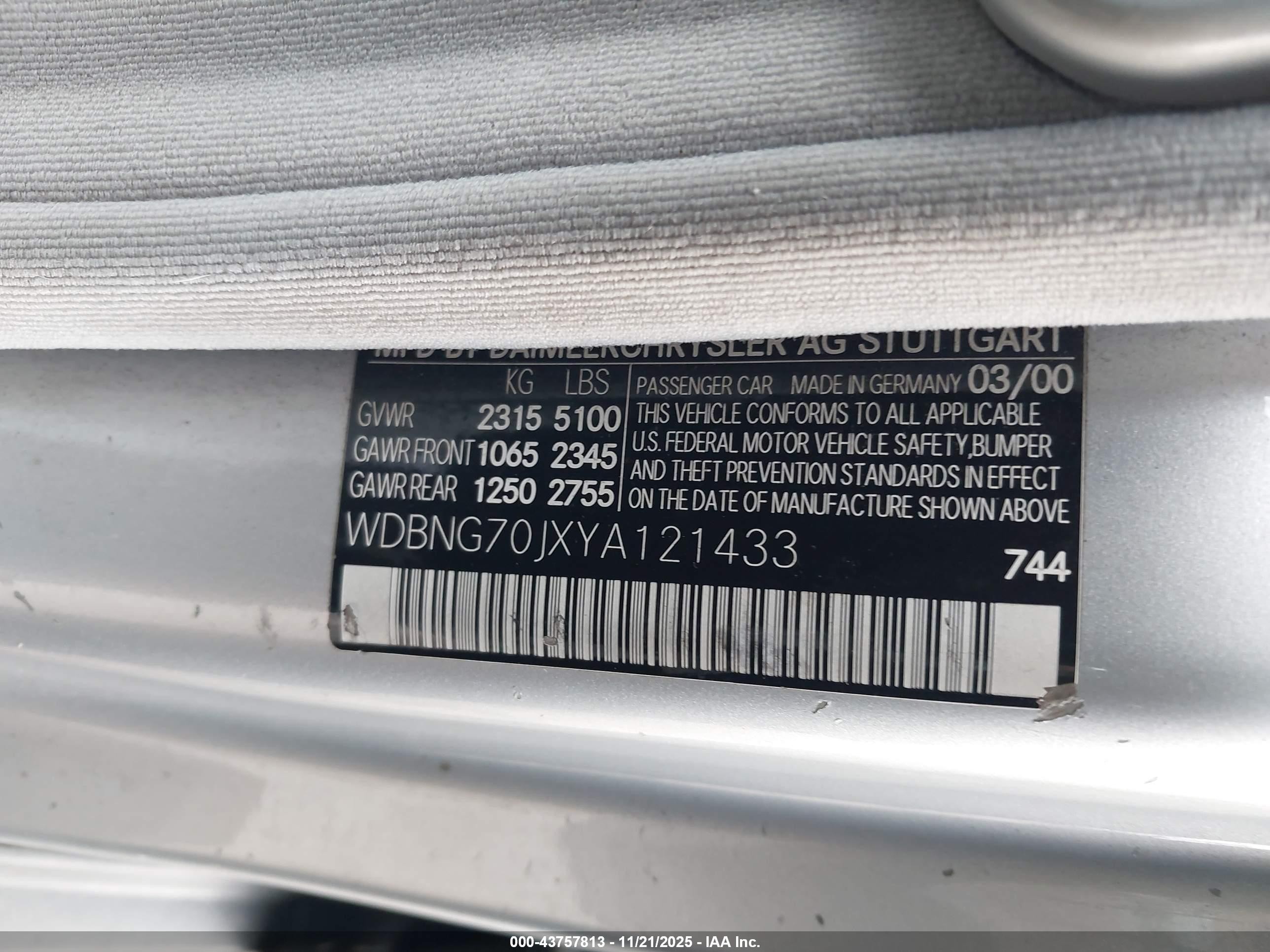 2000 Mercedes-benz S 430   Silver vin: WDBNG70JXYA121433