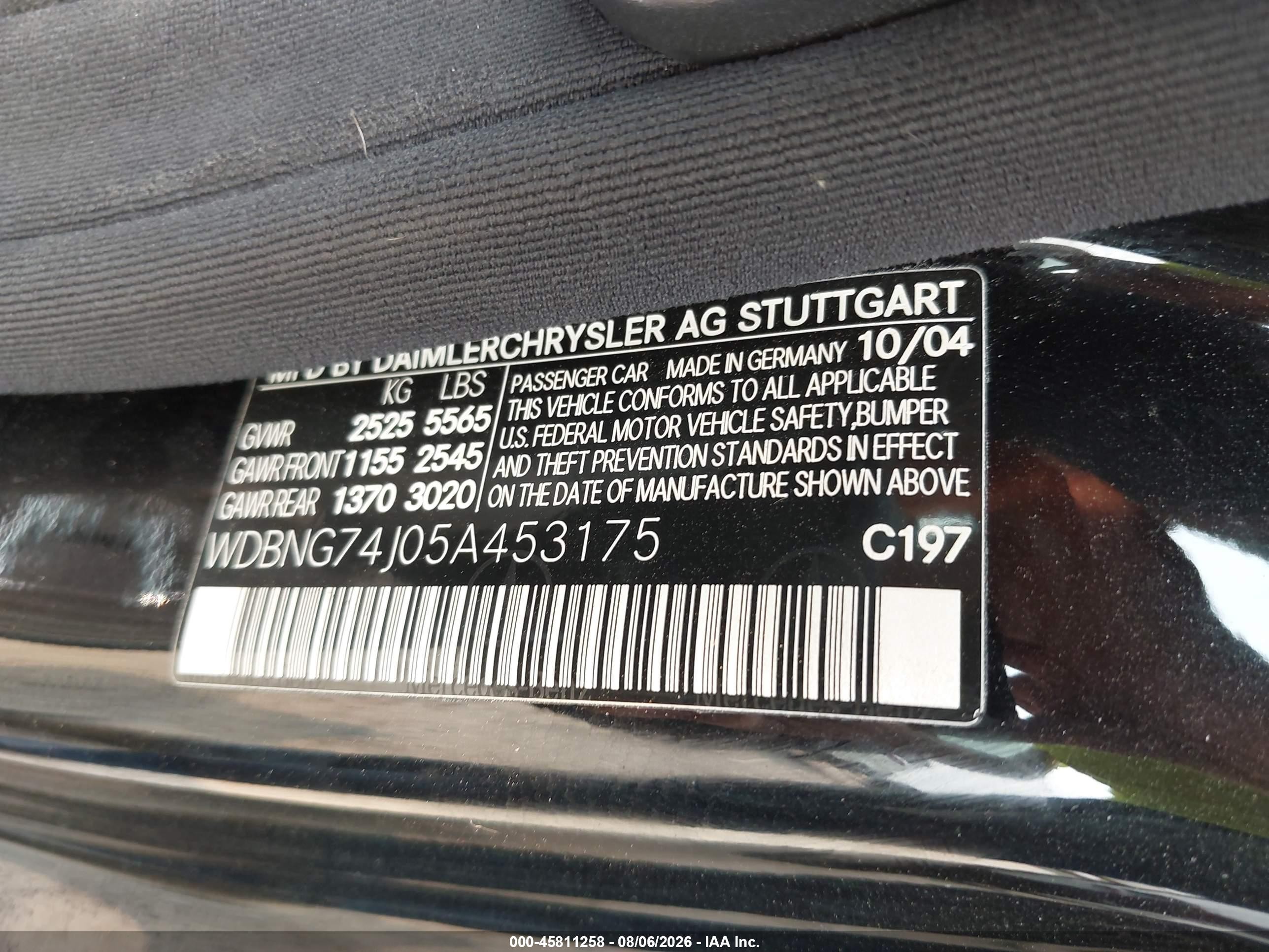 2005 Mercedes-benz S 55 Amg   Черный vin: WDBNG74J05A453175