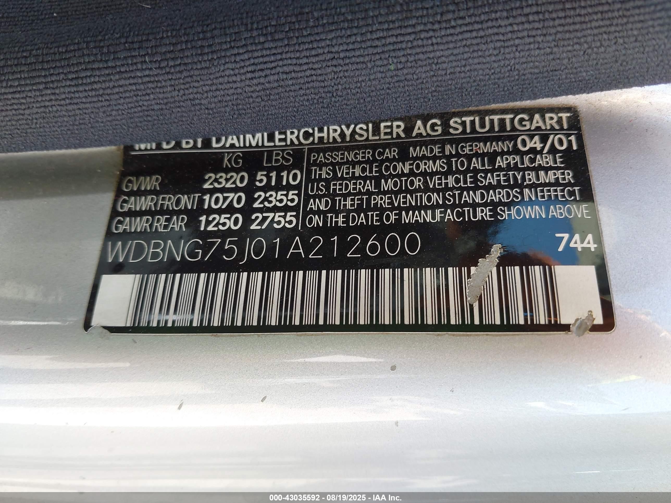 2001 Mercedes-benz S 500   Silver vin: WDBNG75J01A212600