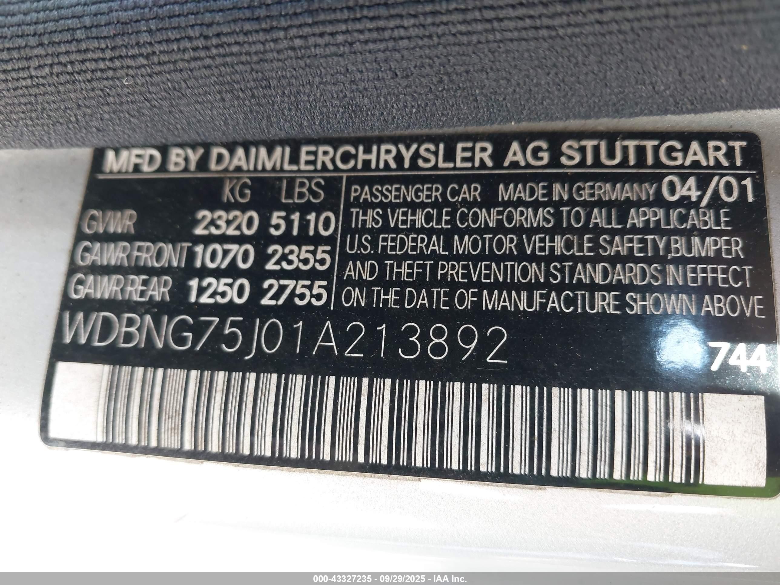 2001 Mercedes-benz S 500   Silver vin: WDBNG75J01A213892