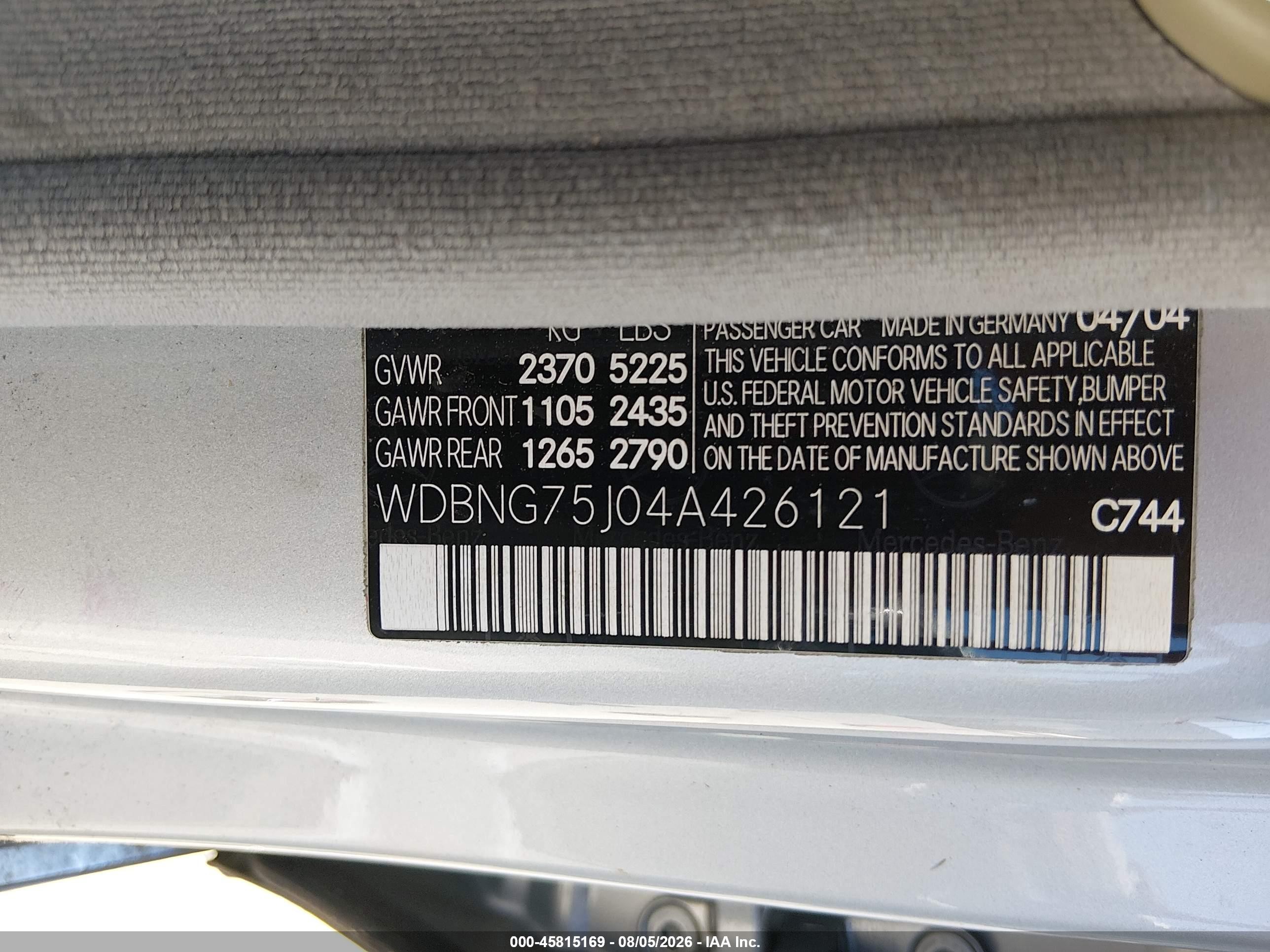 2004 Mercedes-benz S 500   Silver vin: WDBNG75J04A426121