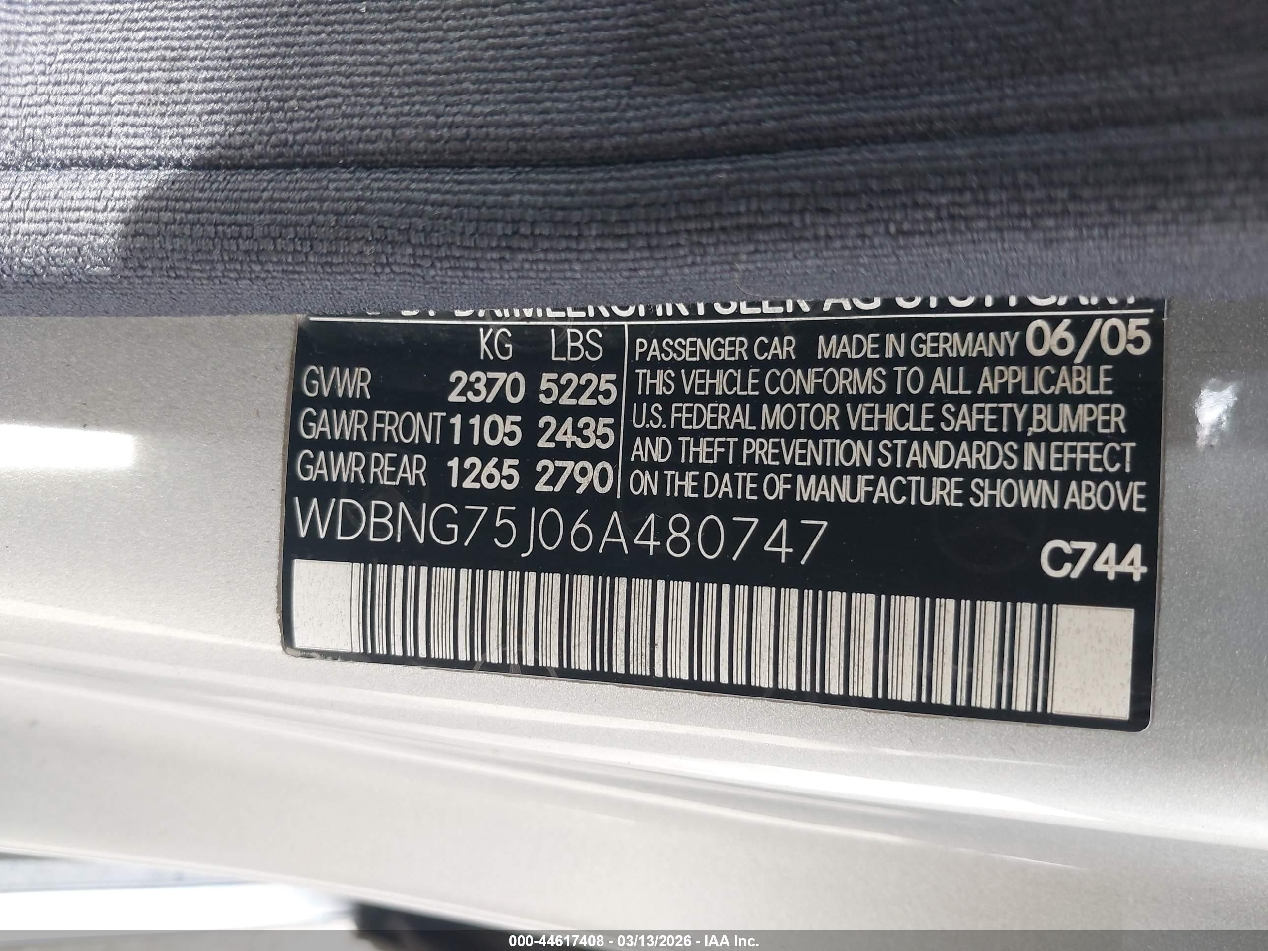 2006 Mercedes-benz S 500   Серый vin: WDBNG75J06A480747