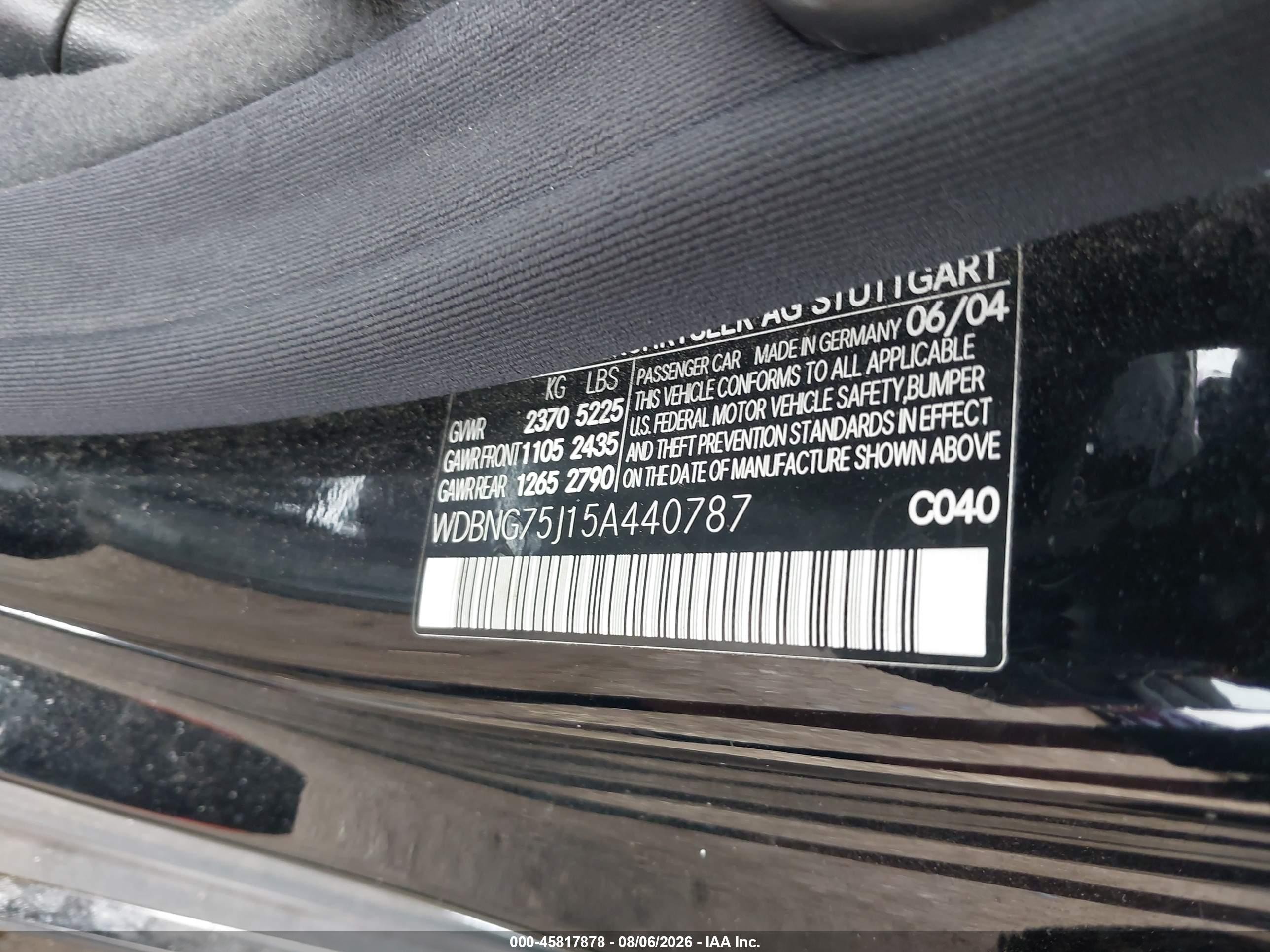 2005 Mercedes-benz S 500   Black vin: WDBNG75J15A440787