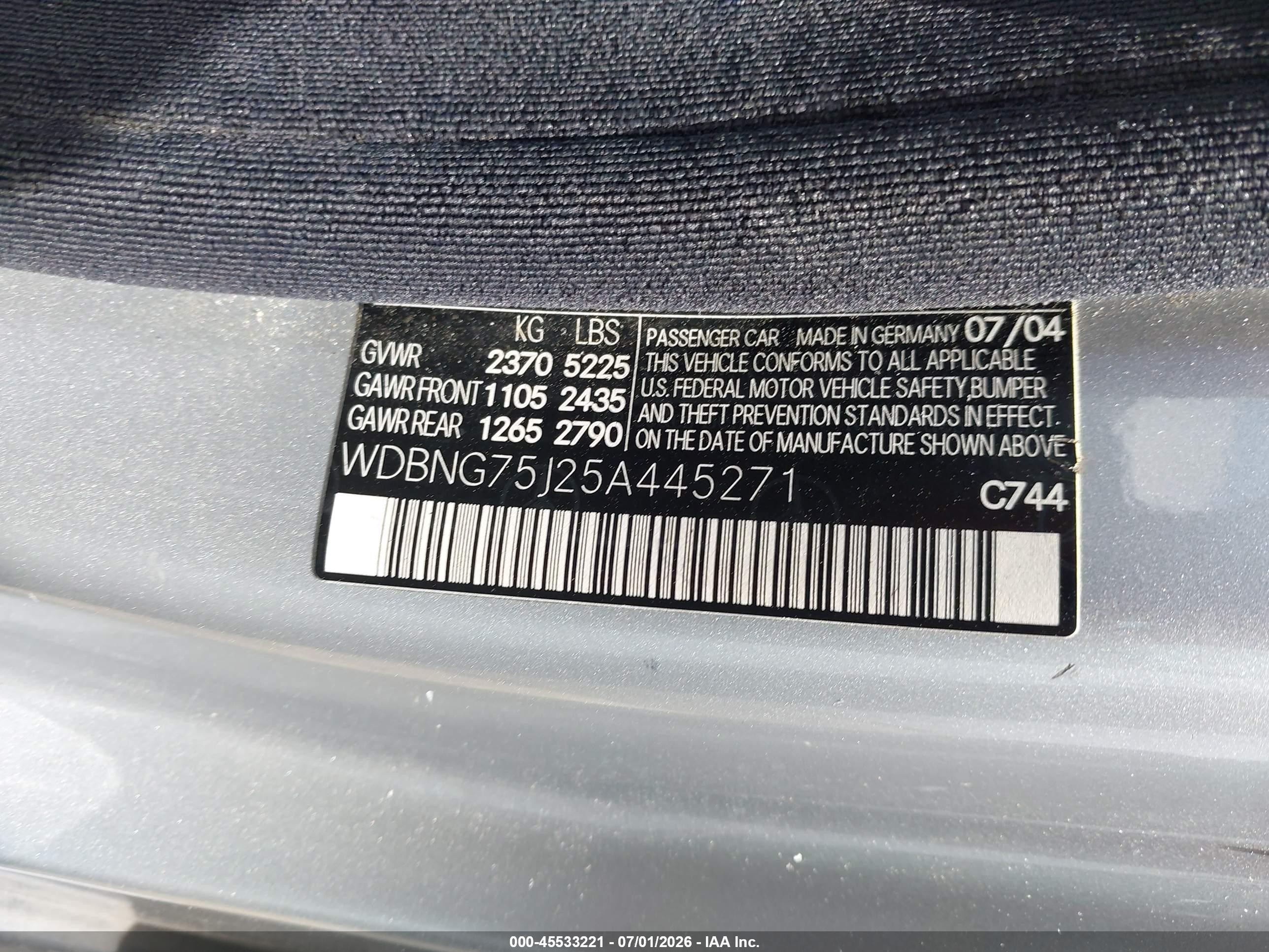 2005 Mercedes-benz S 500   Серебряный vin: WDBNG75J25A445271