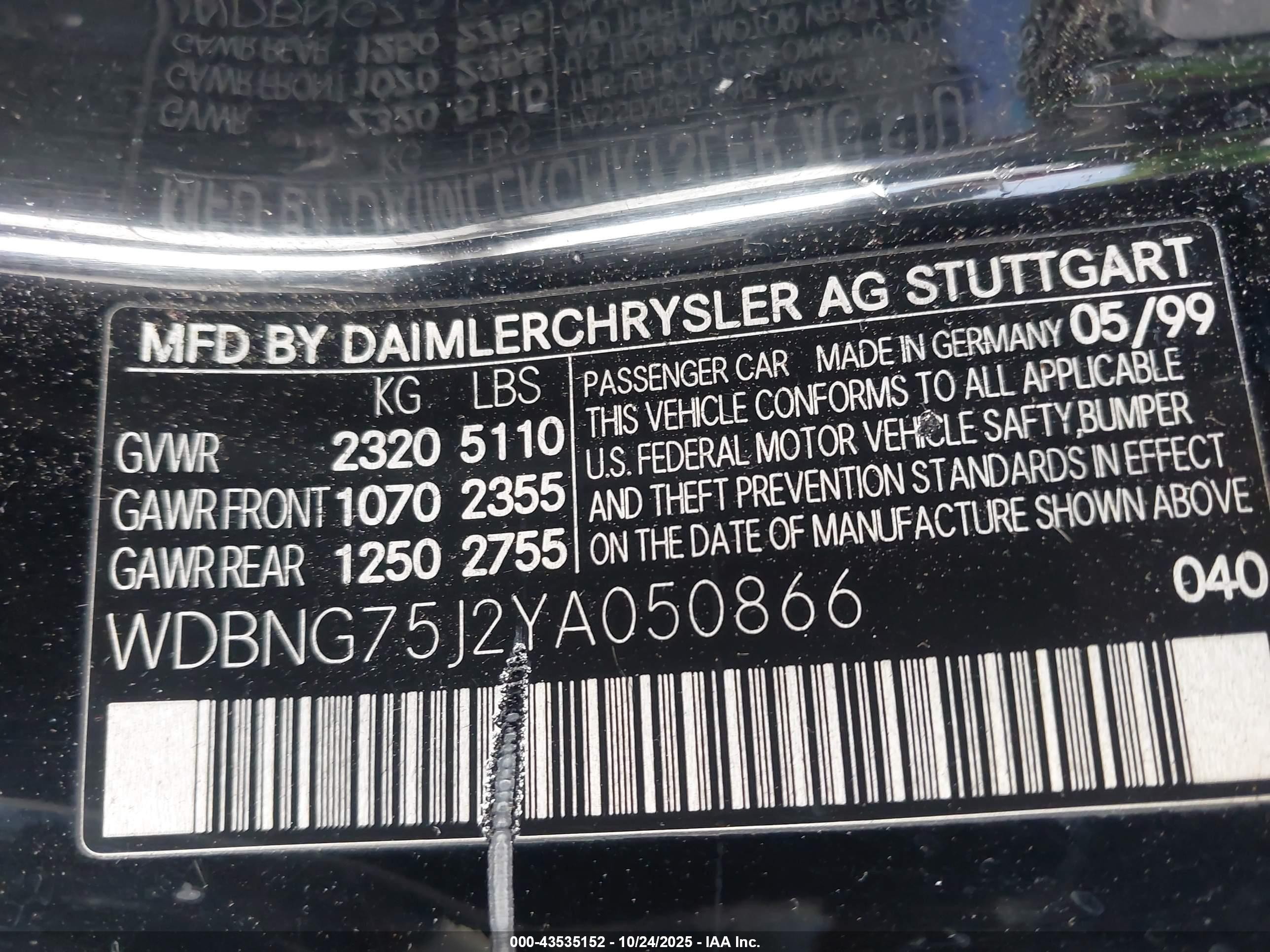 2000 Mercedes-benz S 500   Black vin: WDBNG75J2YA050866