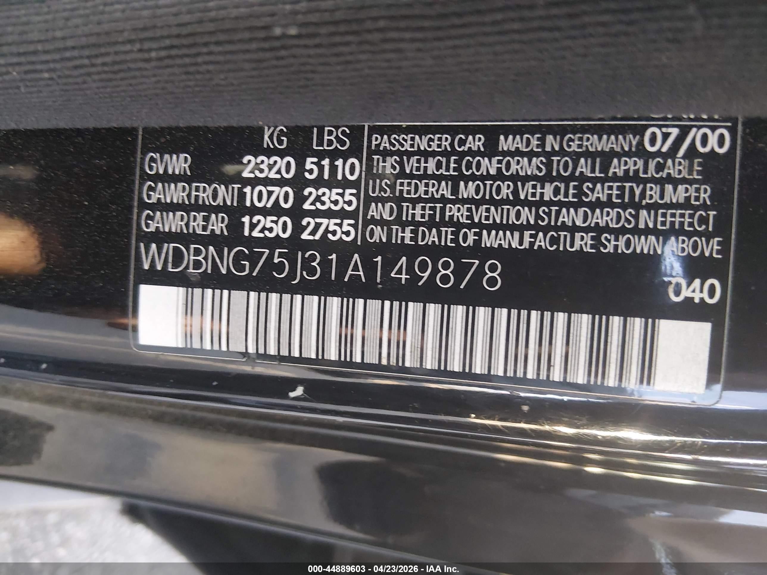2001 Mercedes-benz S 500   Черный vin: WDBNG75J31A149878