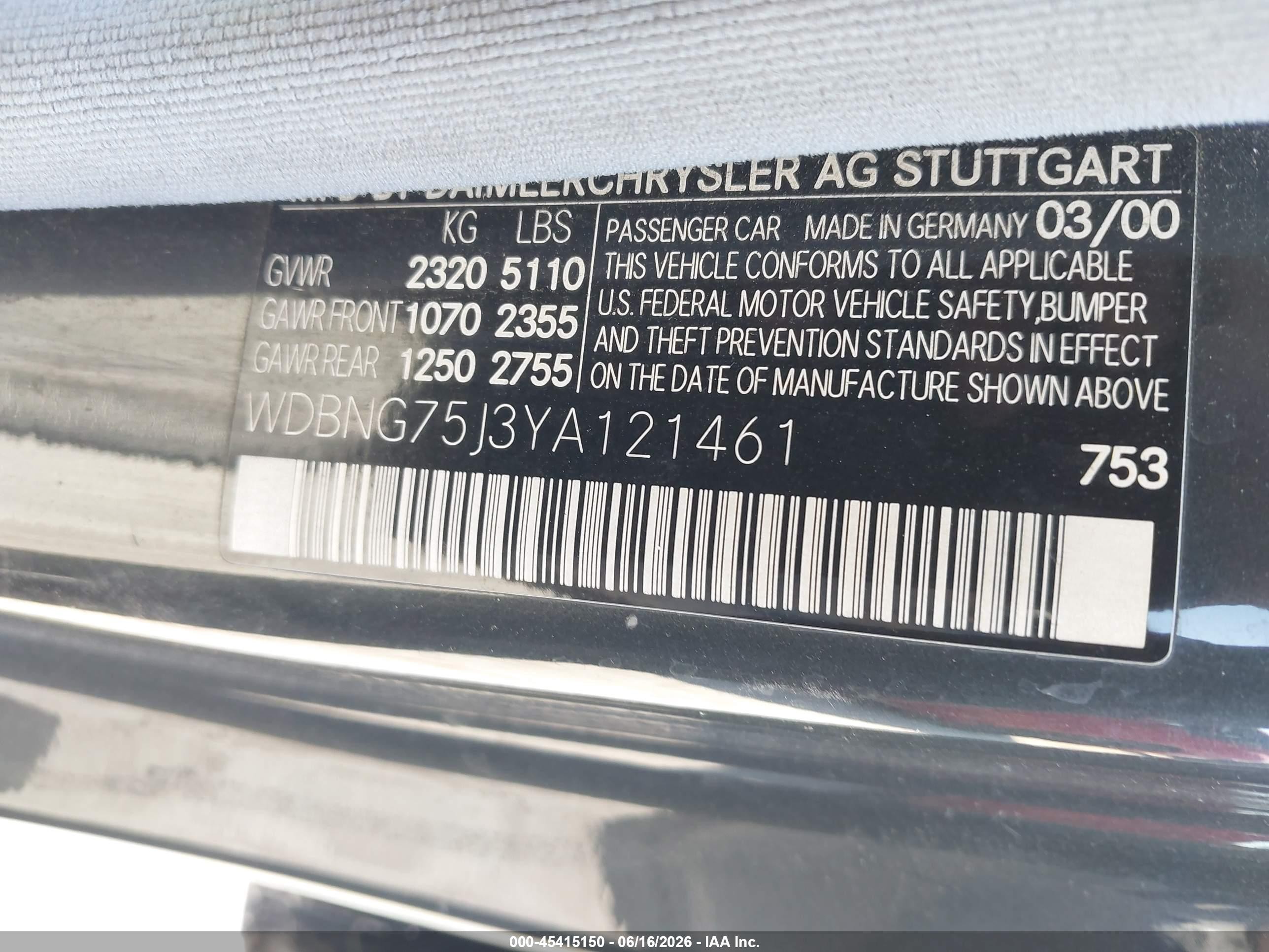 2000 Mercedes-benz S 500 Черный vin: WDBNG75J3YA121461