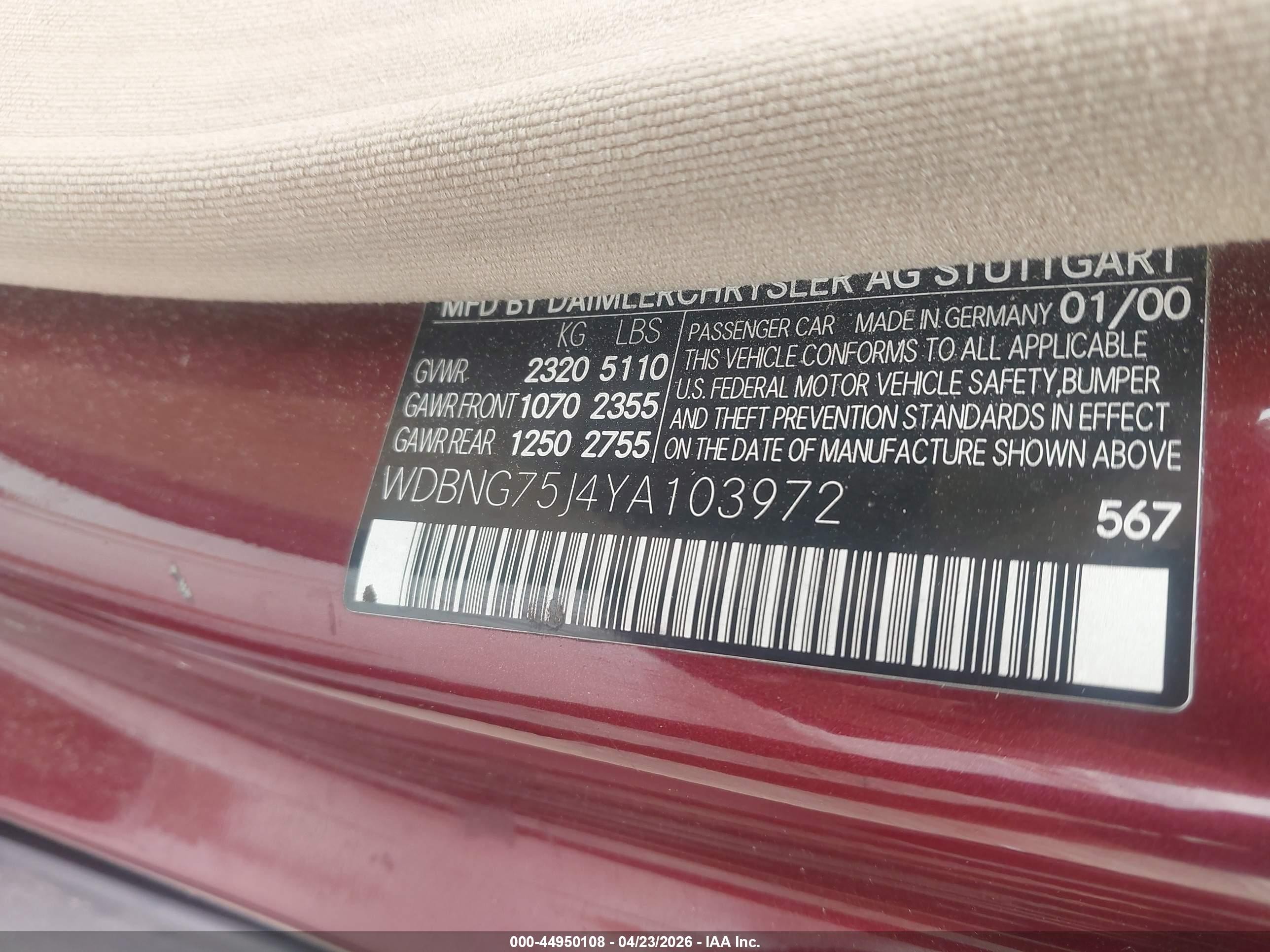 2000 Mercedes-benz S 500   Maroon vin: WDBNG75J4YA103972