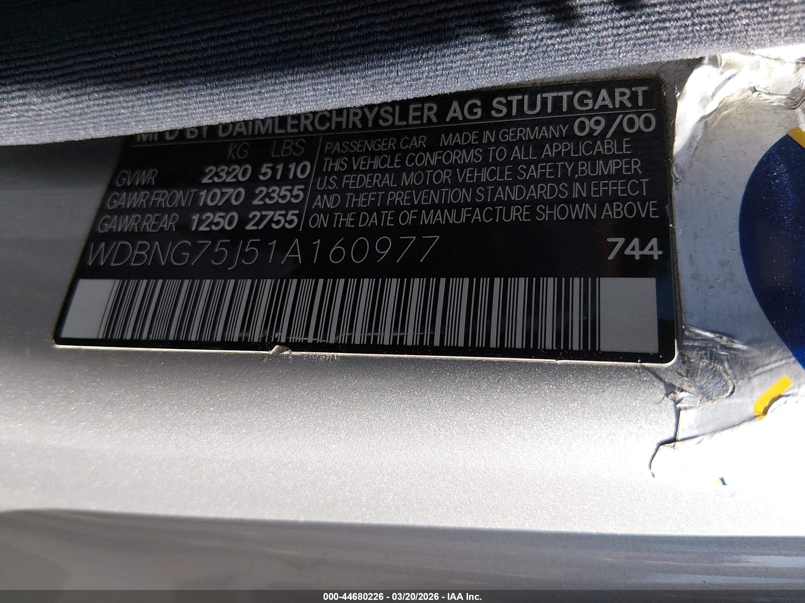 2001 Mercedes-benz S 500   Silver vin: WDBNG75J51A160977