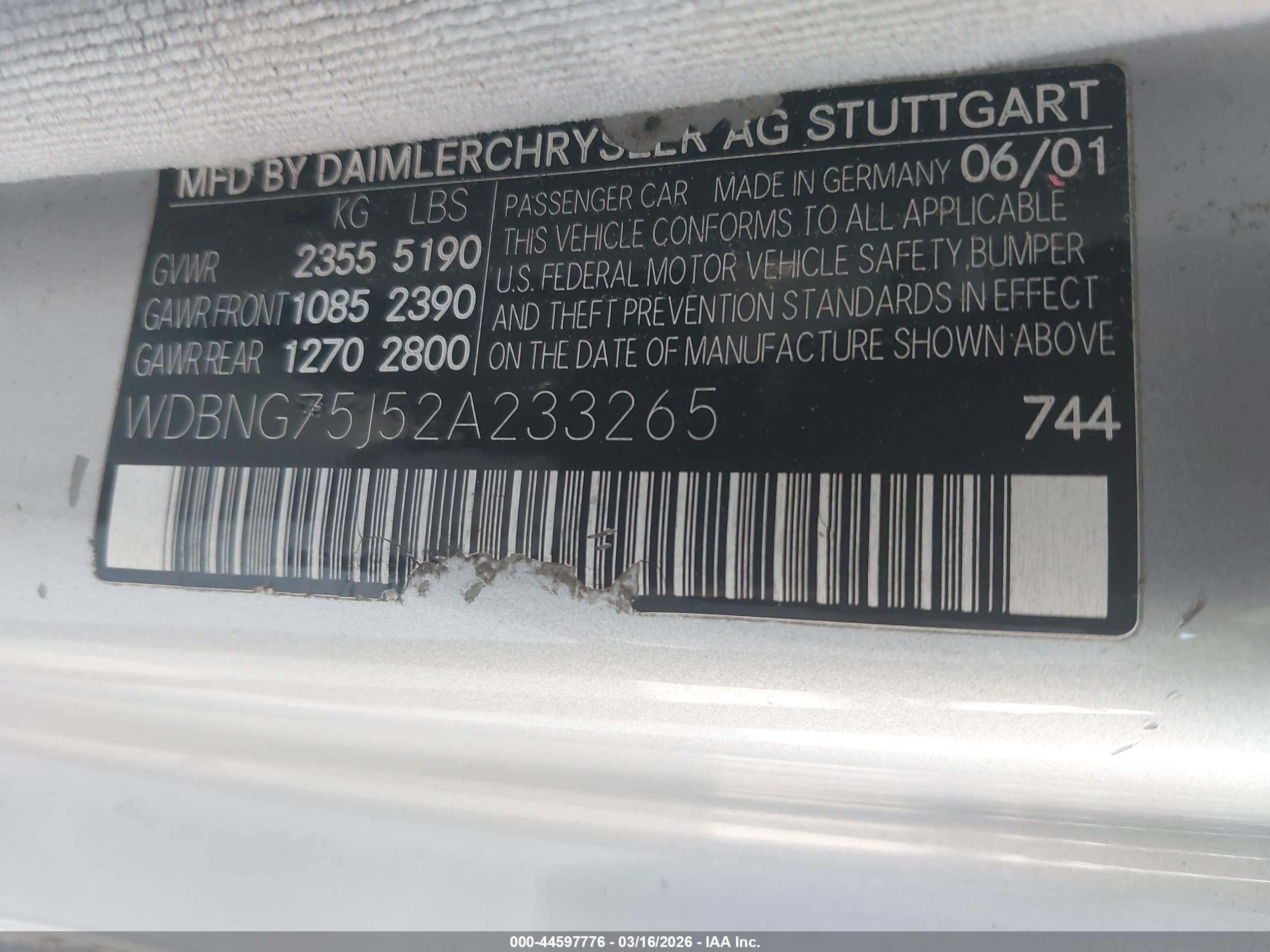 2002 Mercedes-benz S 500 Silver vin: WDBNG75J52A233265