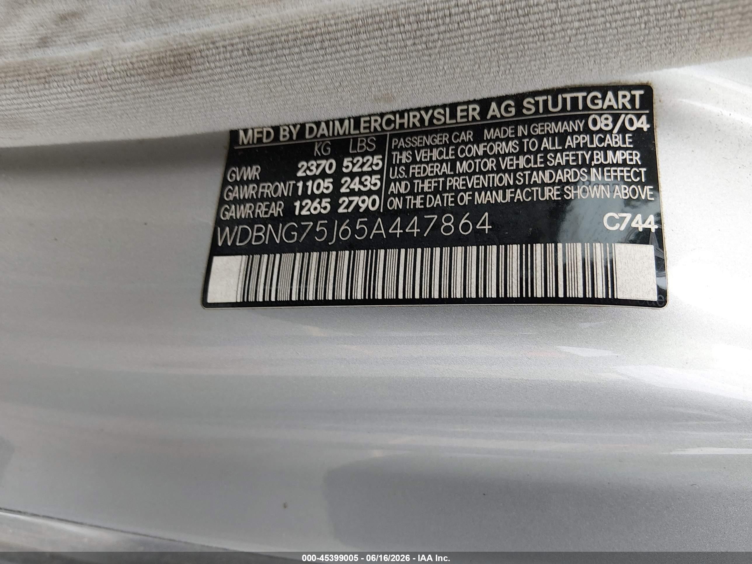 2005 Mercedes-benz S 500   Silver vin: WDBNG75J65A447864