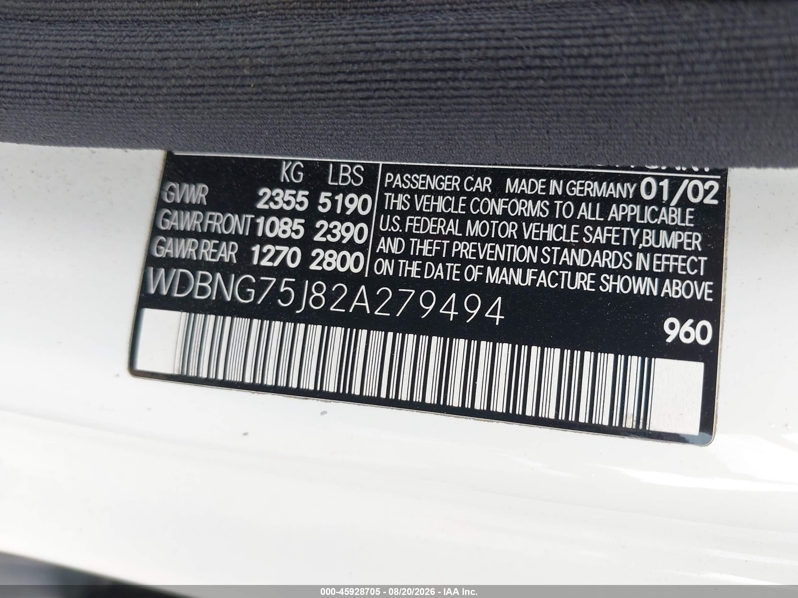 2002 Mercedes-benz S 500   Белый vin: WDBNG75J82A279494