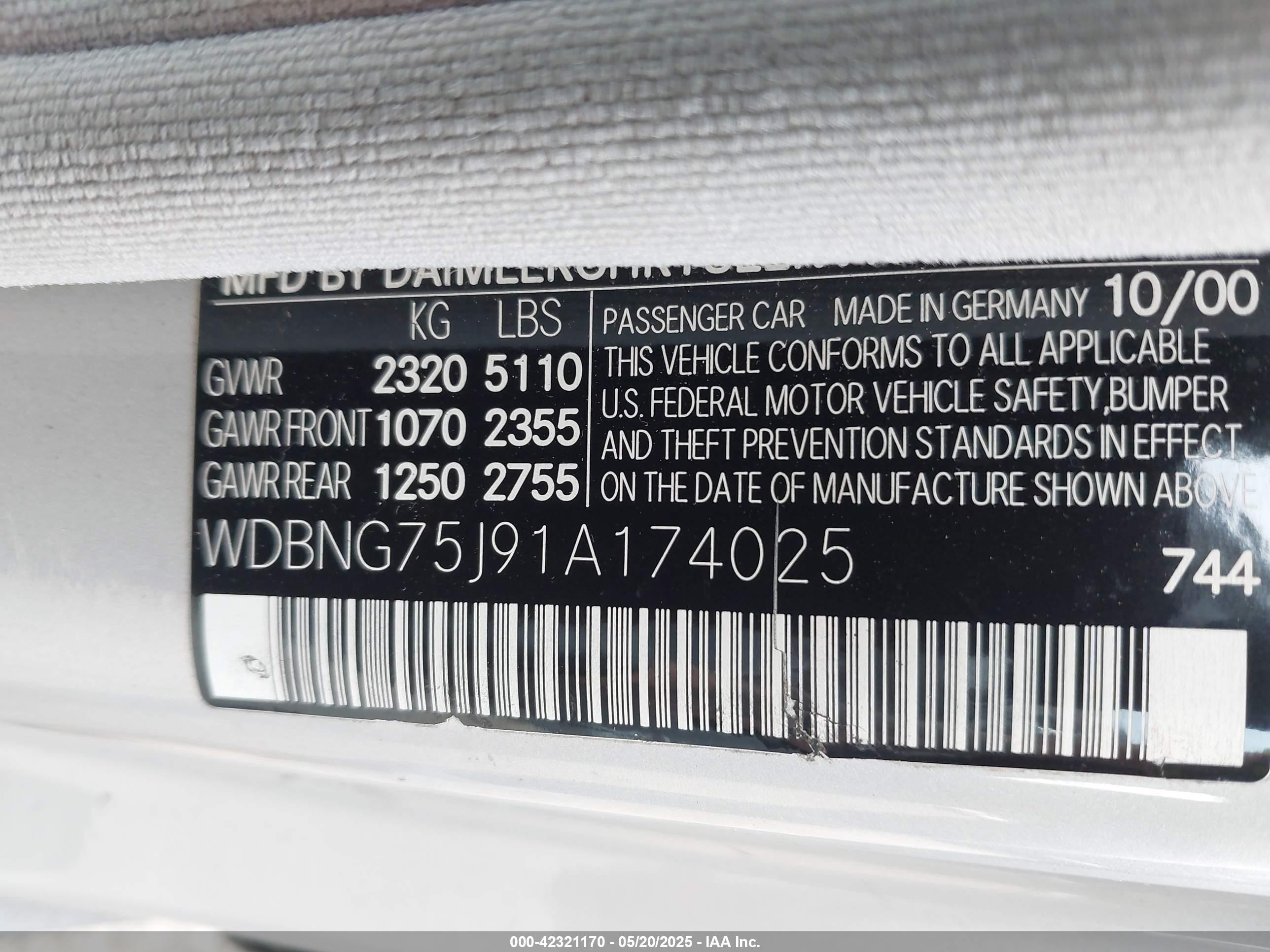 2001 Mercedes-benz S 500   Серебряный vin: WDBNG75J91A174025