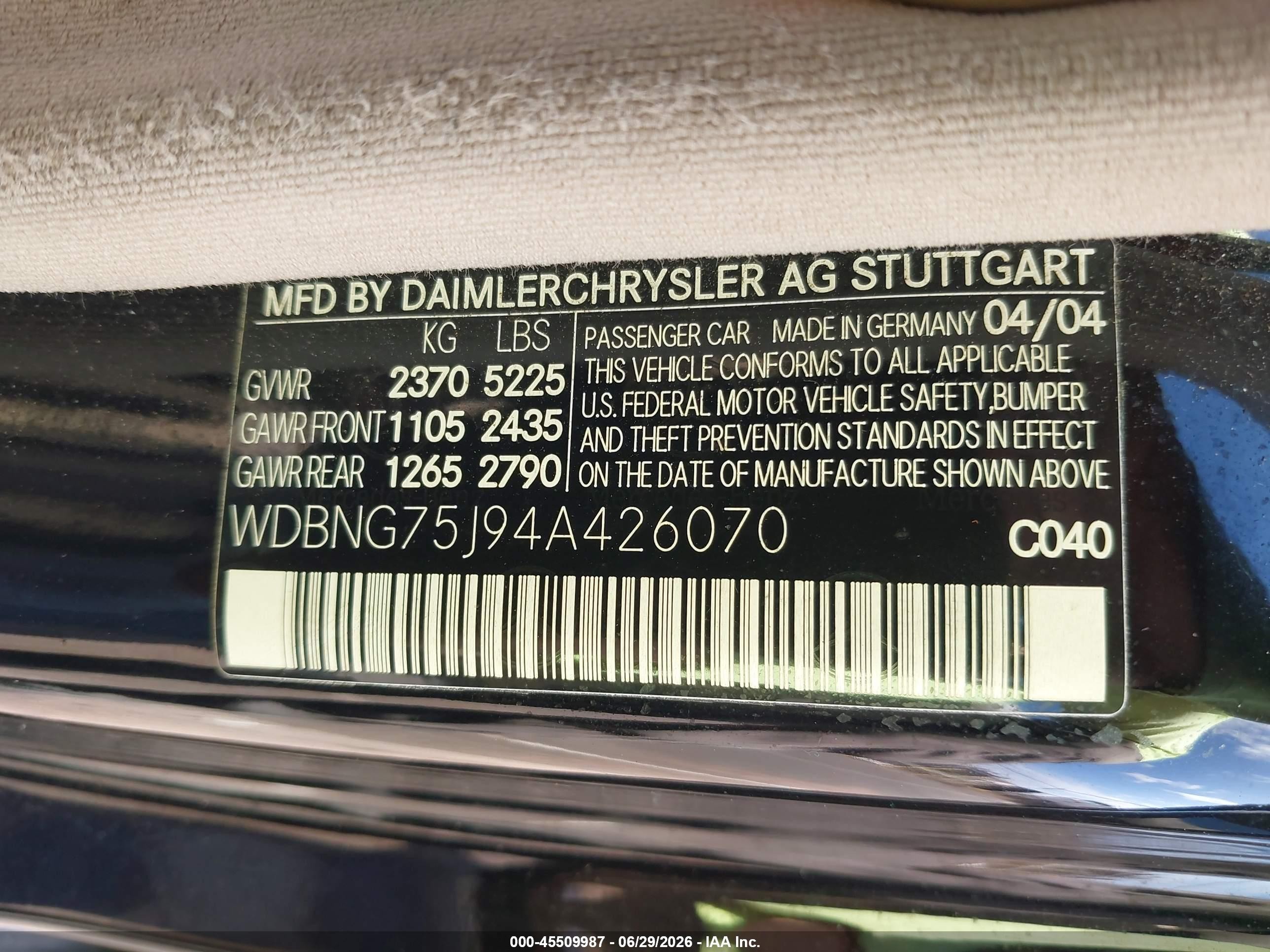 2004 Mercedes-benz S 500   Black vin: WDBNG75J94A426070
