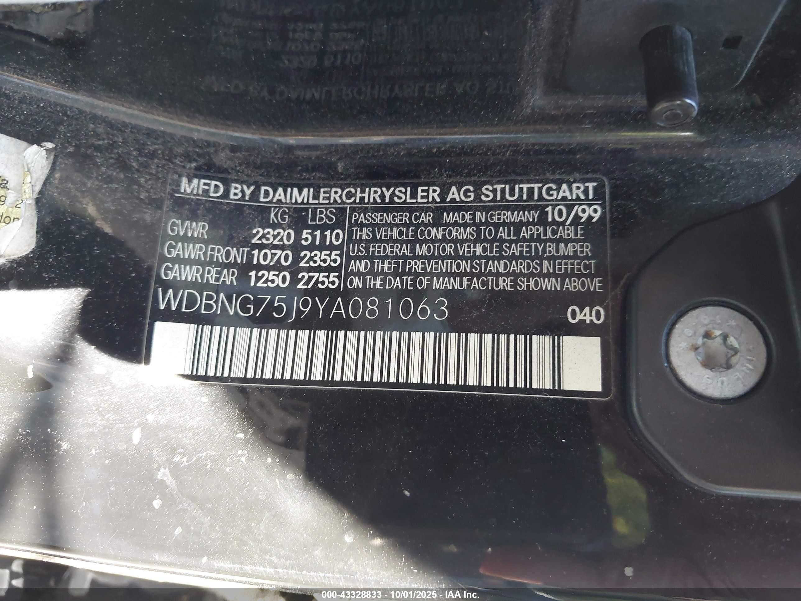 2000 Mercedes-benz S 500   Black vin: WDBNG75J9YA081063