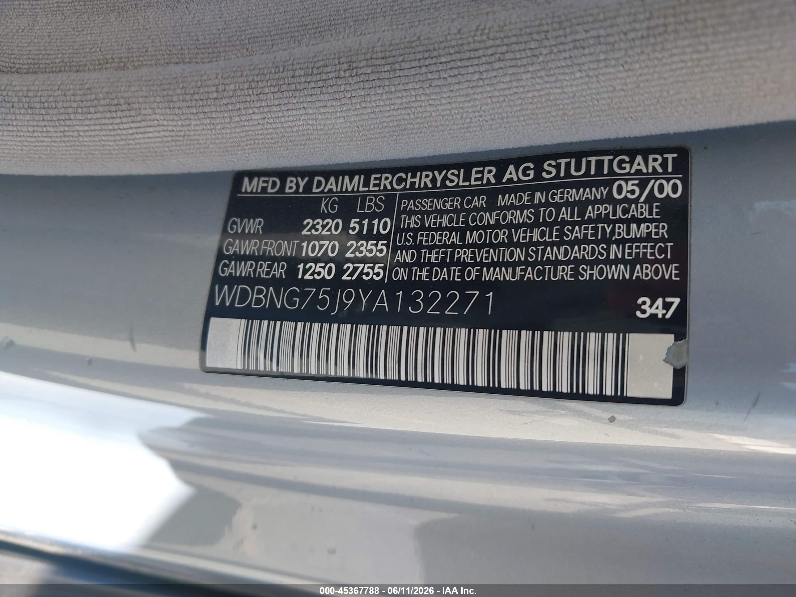 2000 Mercedes-benz S 500   Серебряный vin: WDBNG75J9YA132271