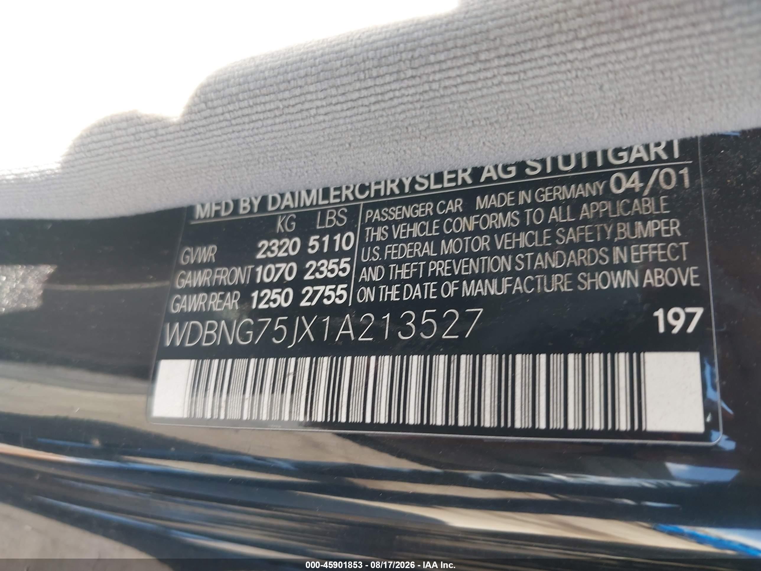 2001 Mercedes-benz S 500   Black vin: WDBNG75JX1A213527