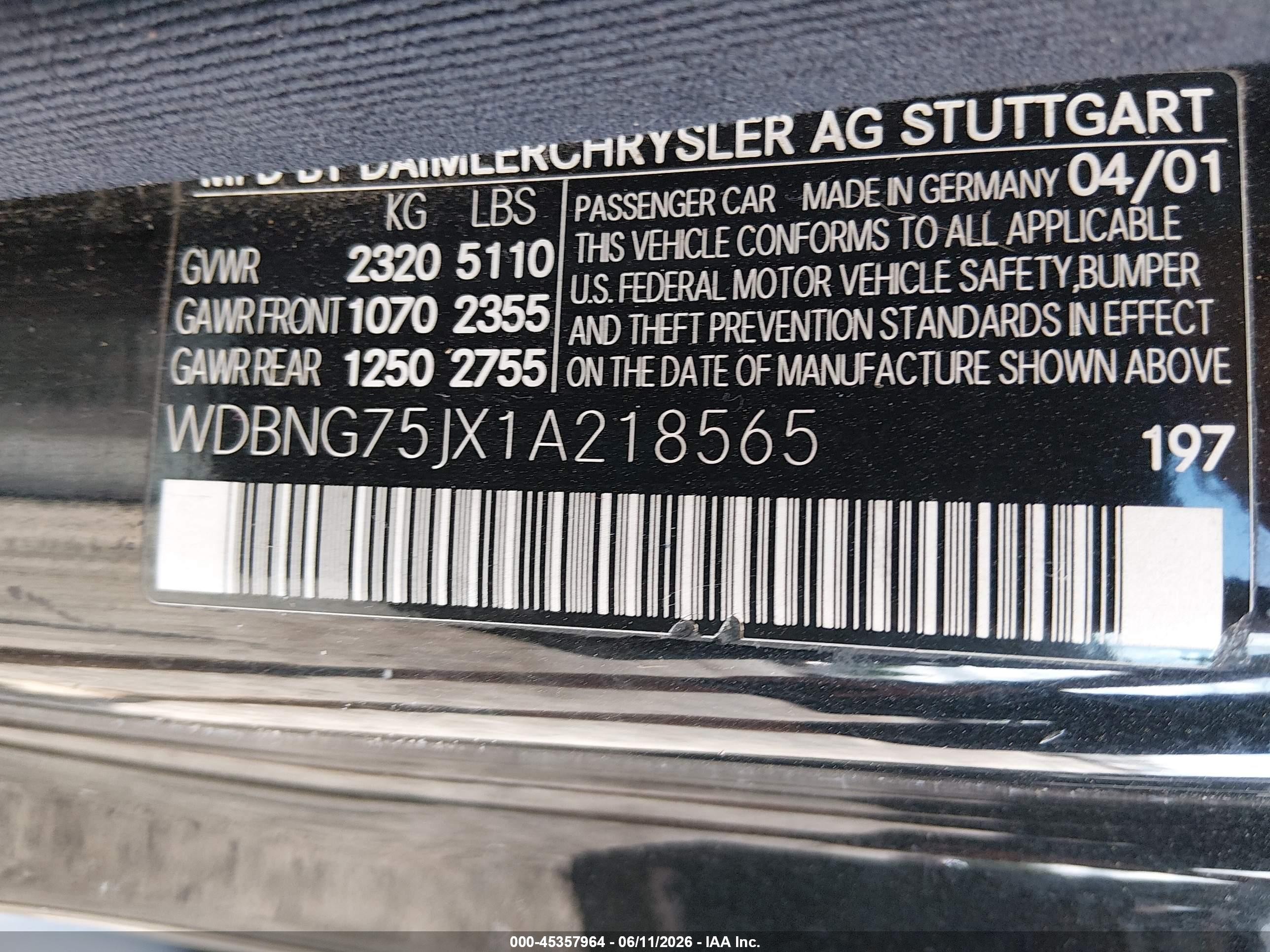 2001 Mercedes-benz S 500   Черный vin: WDBNG75JX1A218565