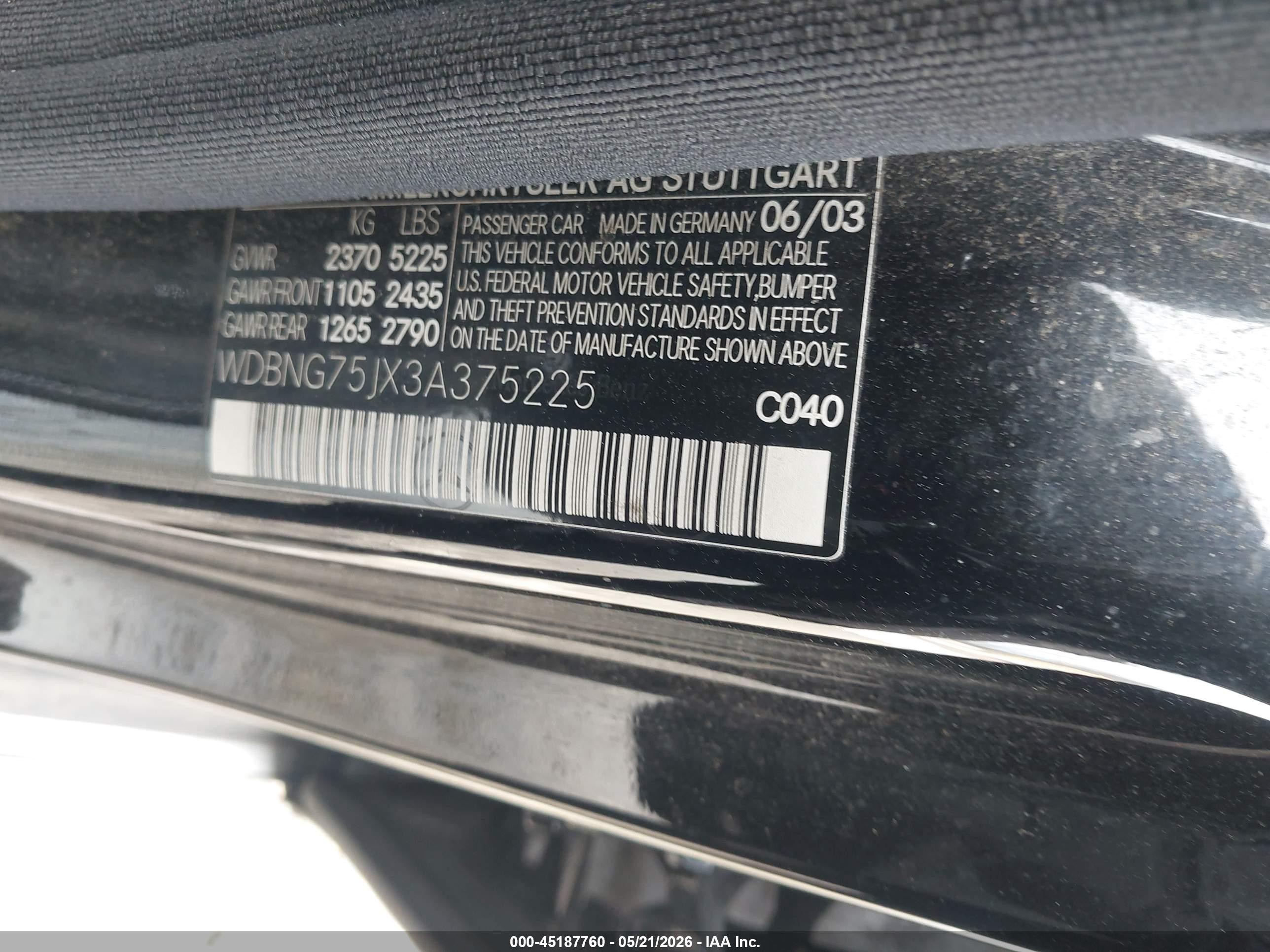 2003 Mercedes-benz S 500   Black vin: WDBNG75JX3A375225
