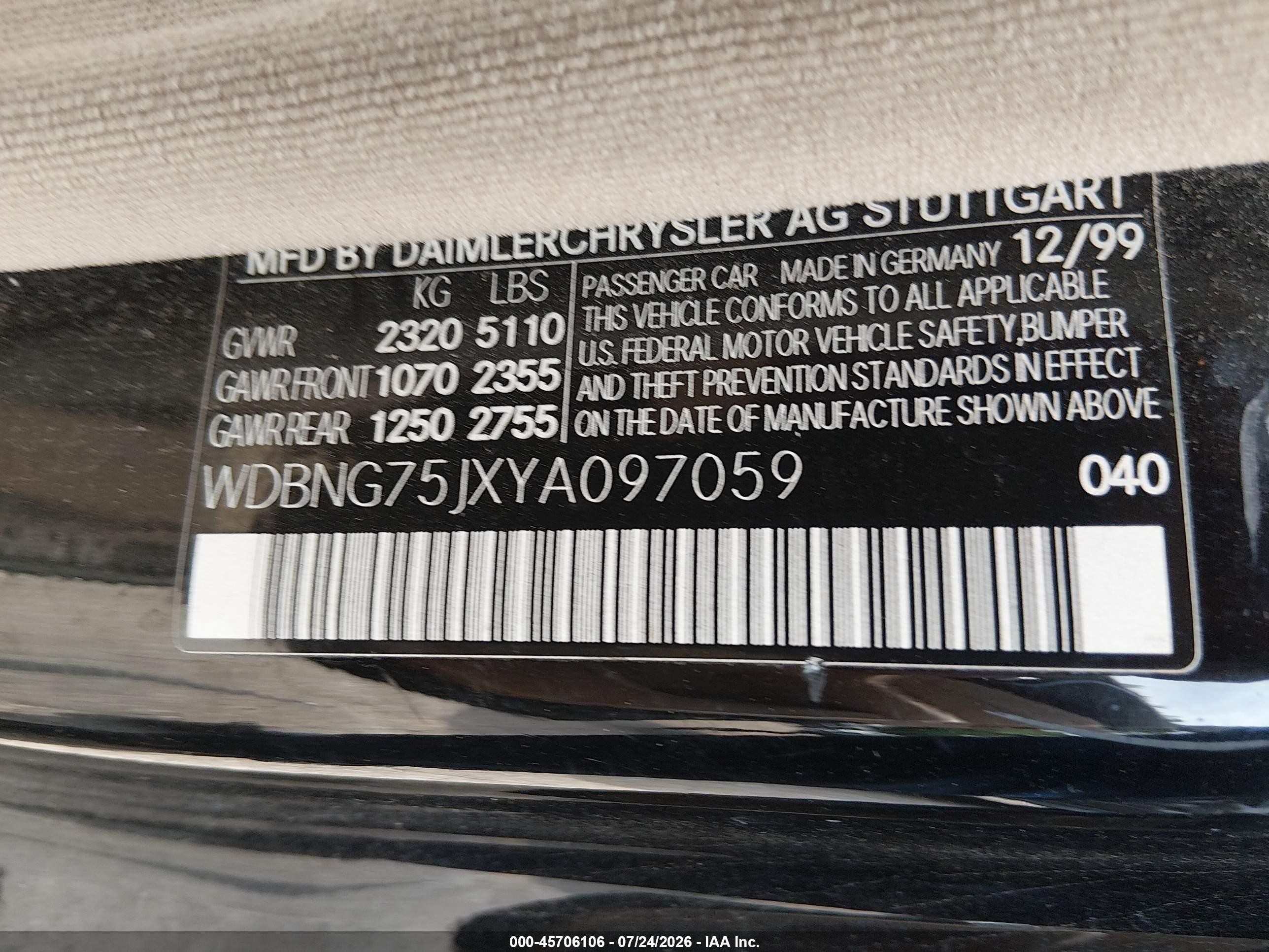 2000 Mercedes-benz S 500 Black vin: WDBNG75JXYA097059