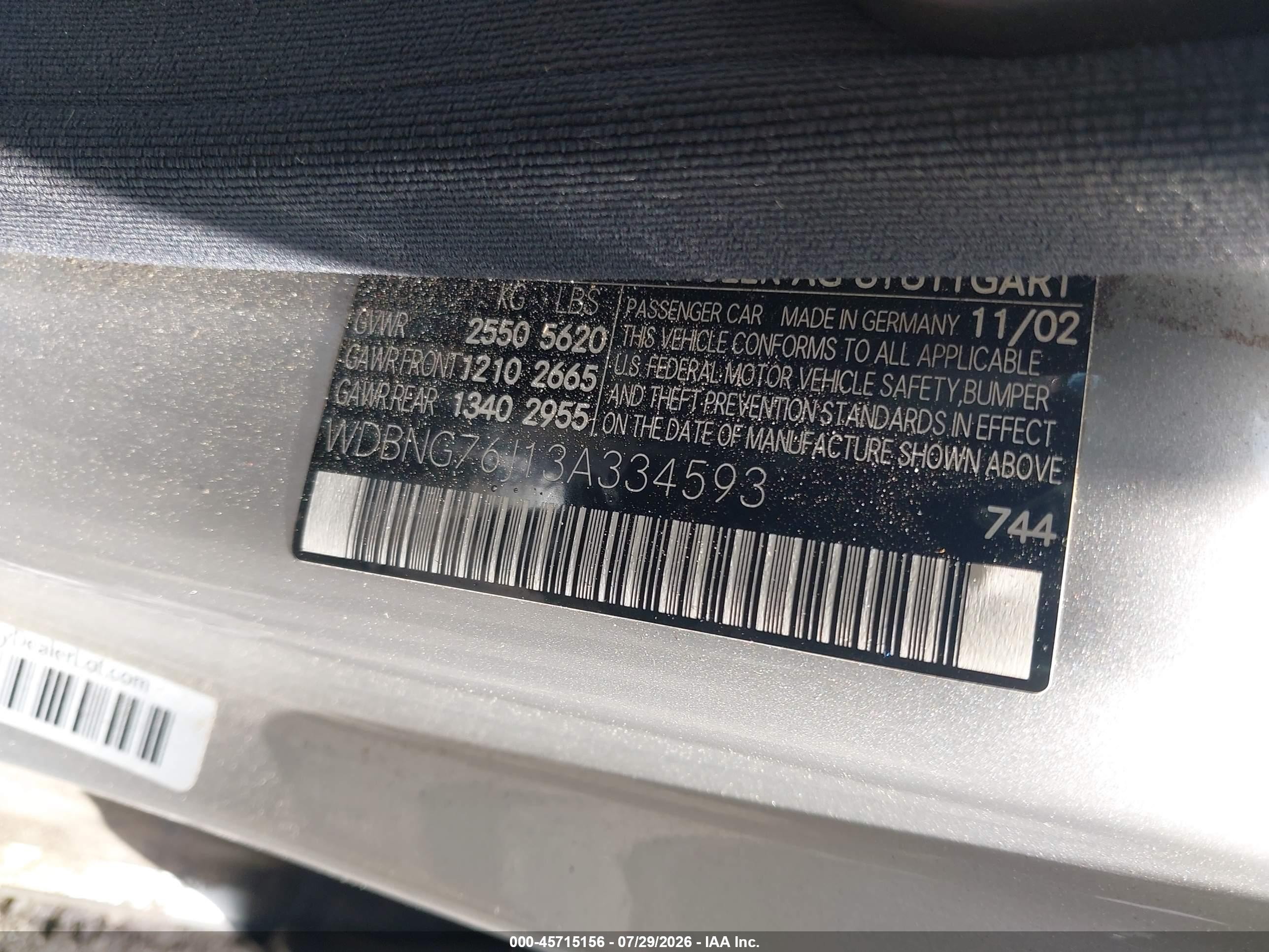 2003 Mercedes-benz S 600   Серебряный vin: WDBNG76J13A334593