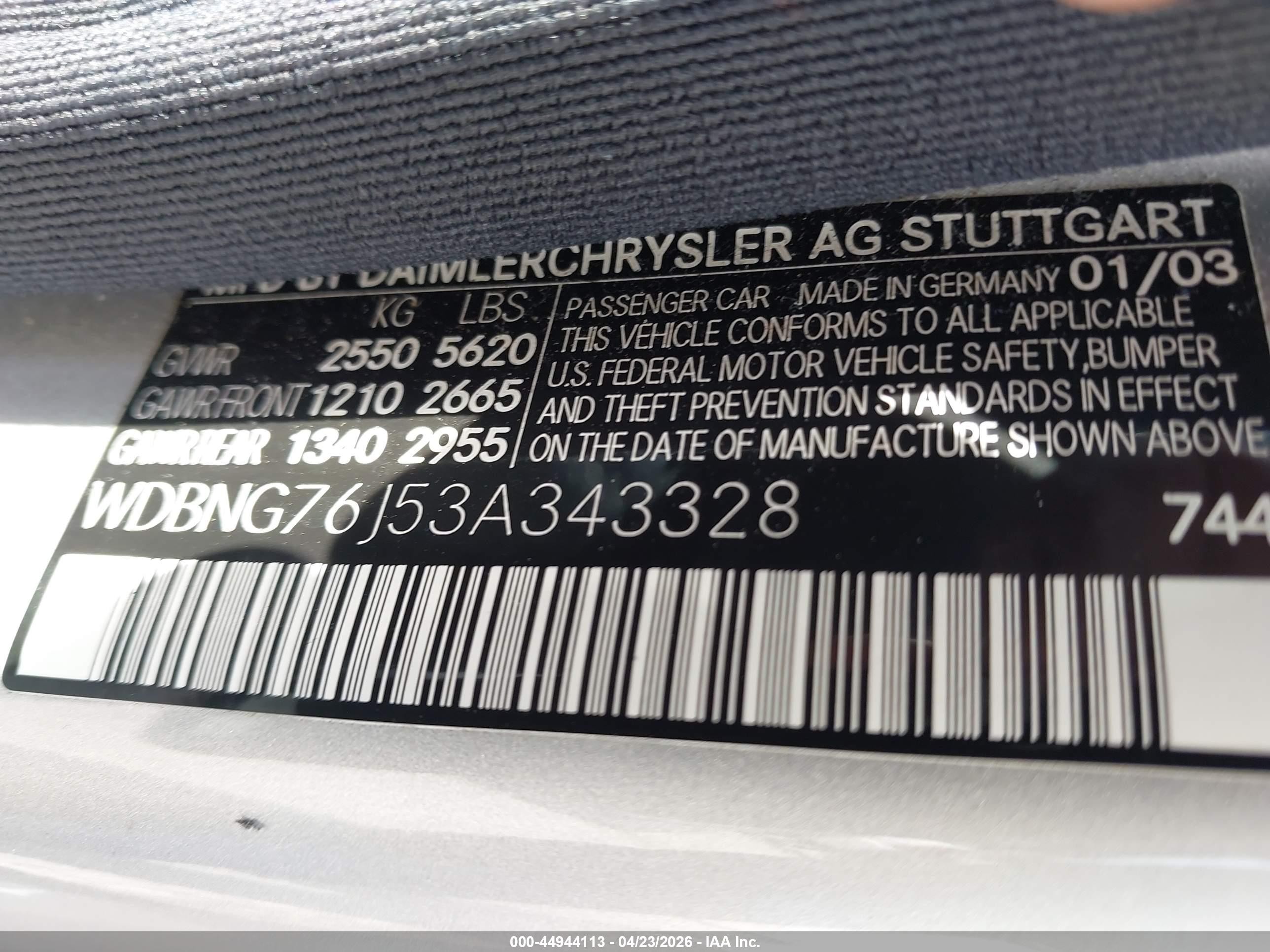 2003 Mercedes-benz S 600   Silver vin: WDBNG76J53A343328