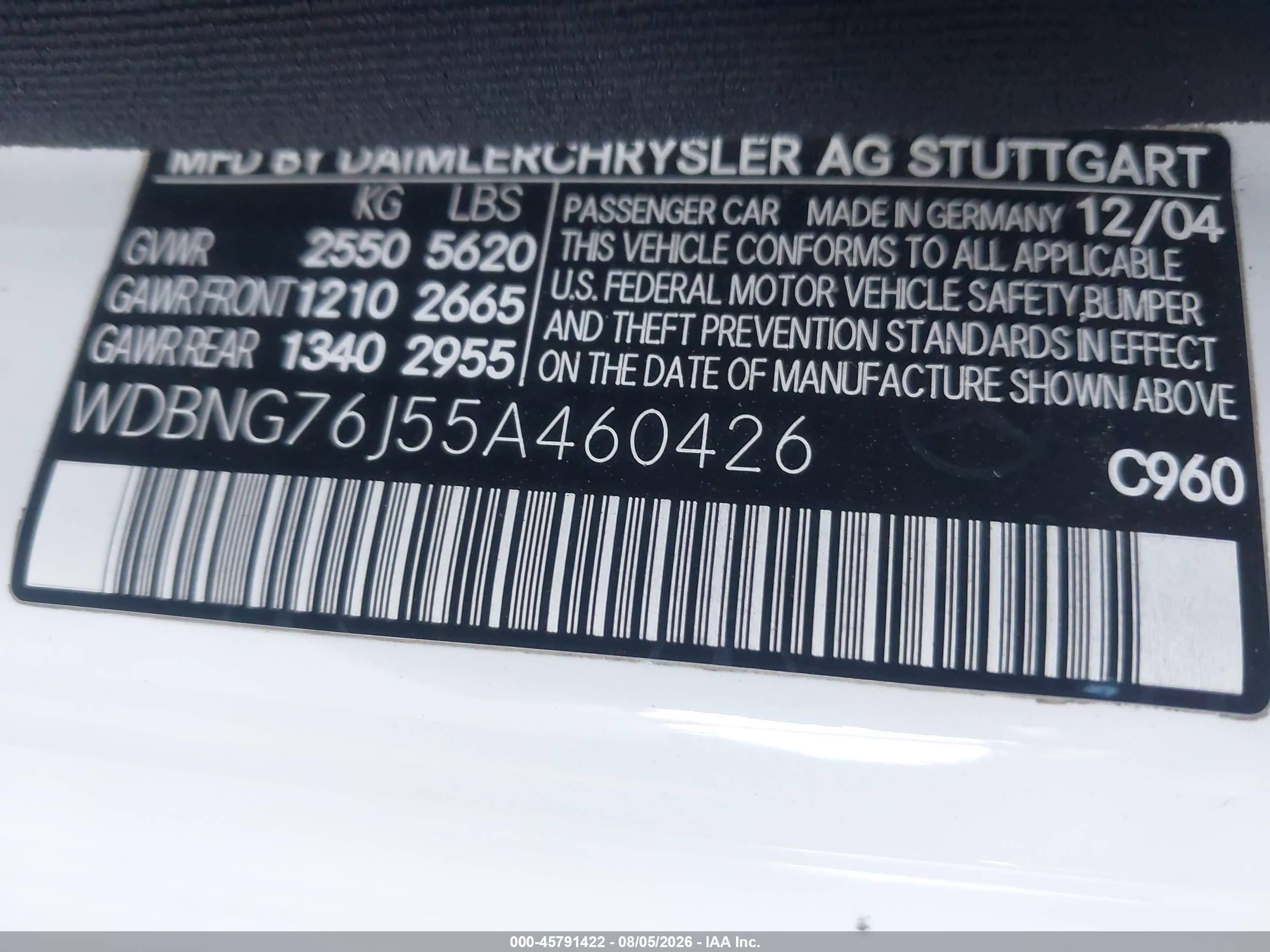 2005 Mercedes-benz S 600   White vin: WDBNG76J55A460426