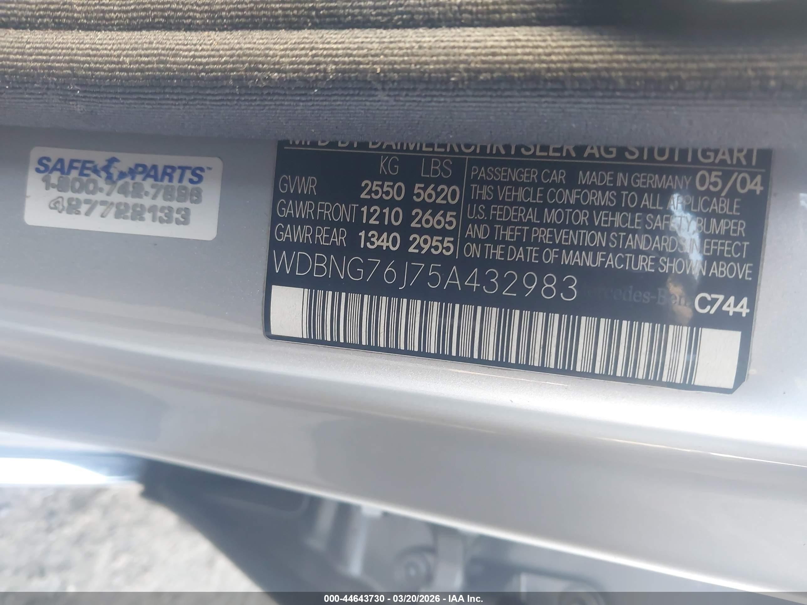2005 Mercedes-benz S 600   Silver vin: WDBNG76J75A432983