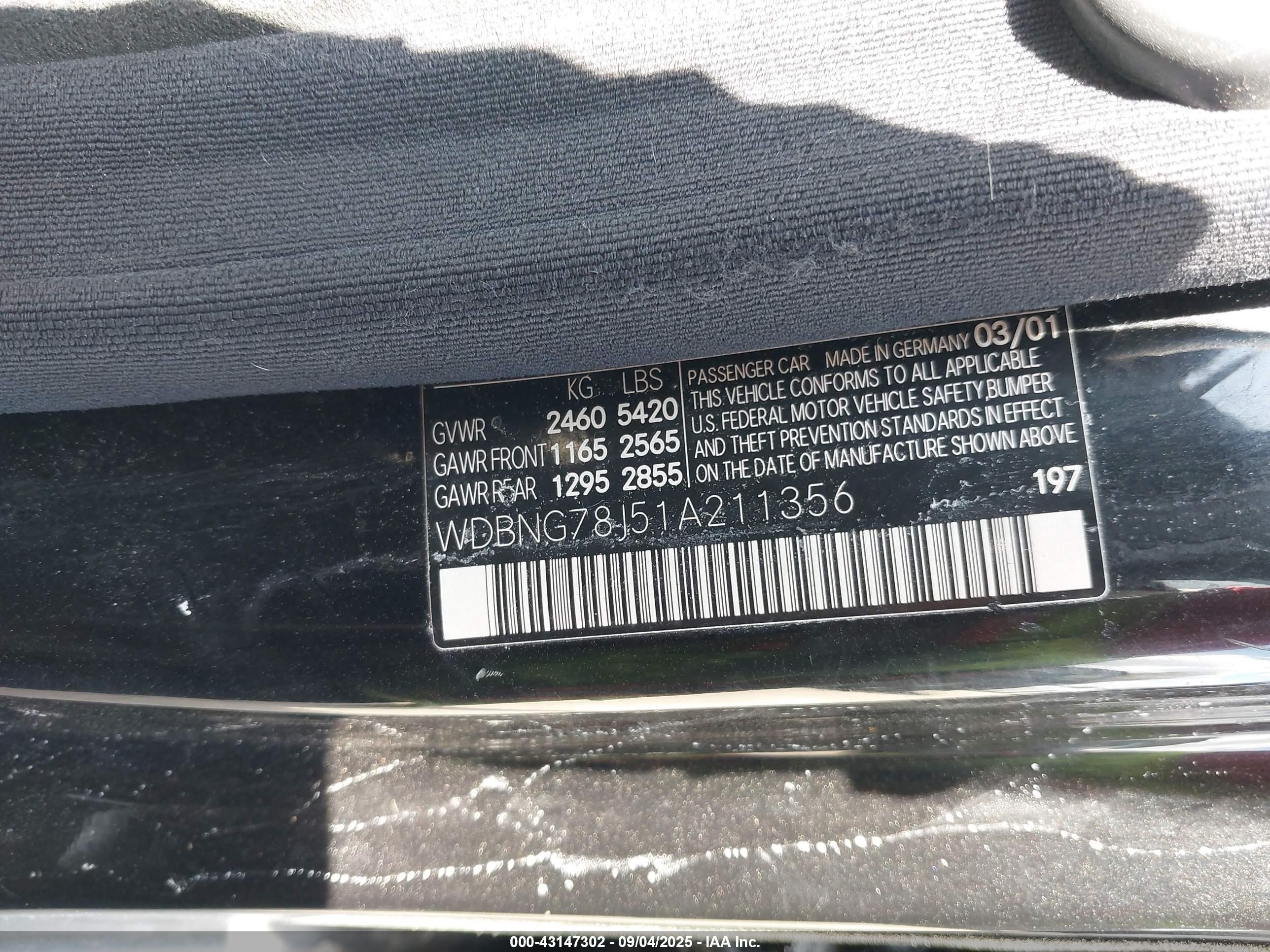 2001 Mercedes-benz S 600   Black vin: WDBNG78J51A211356
